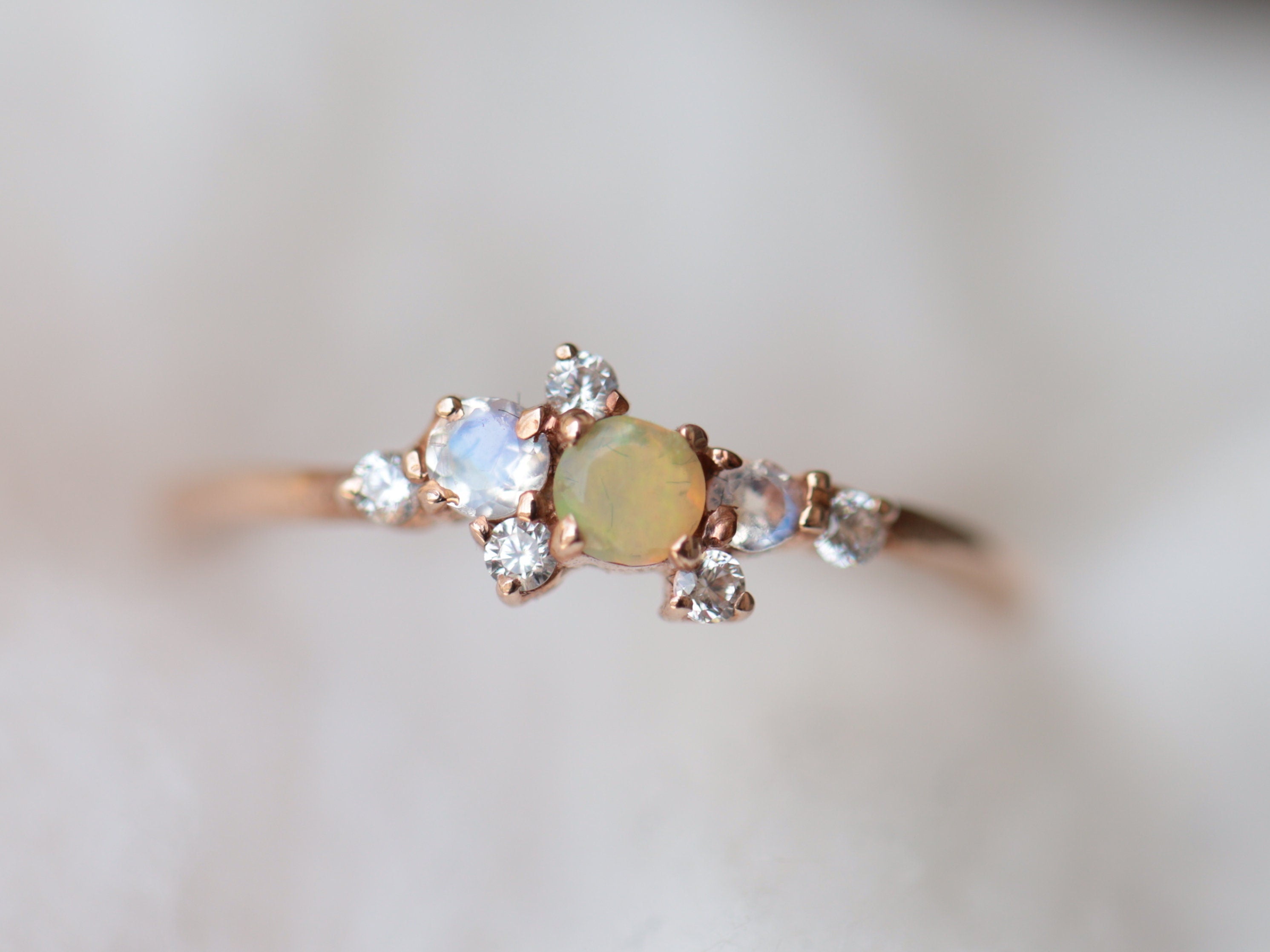 Opal Cluster Engagement Ring | Fire Opal & Moonstone Ring | Diamond Opal Cluster Ring -