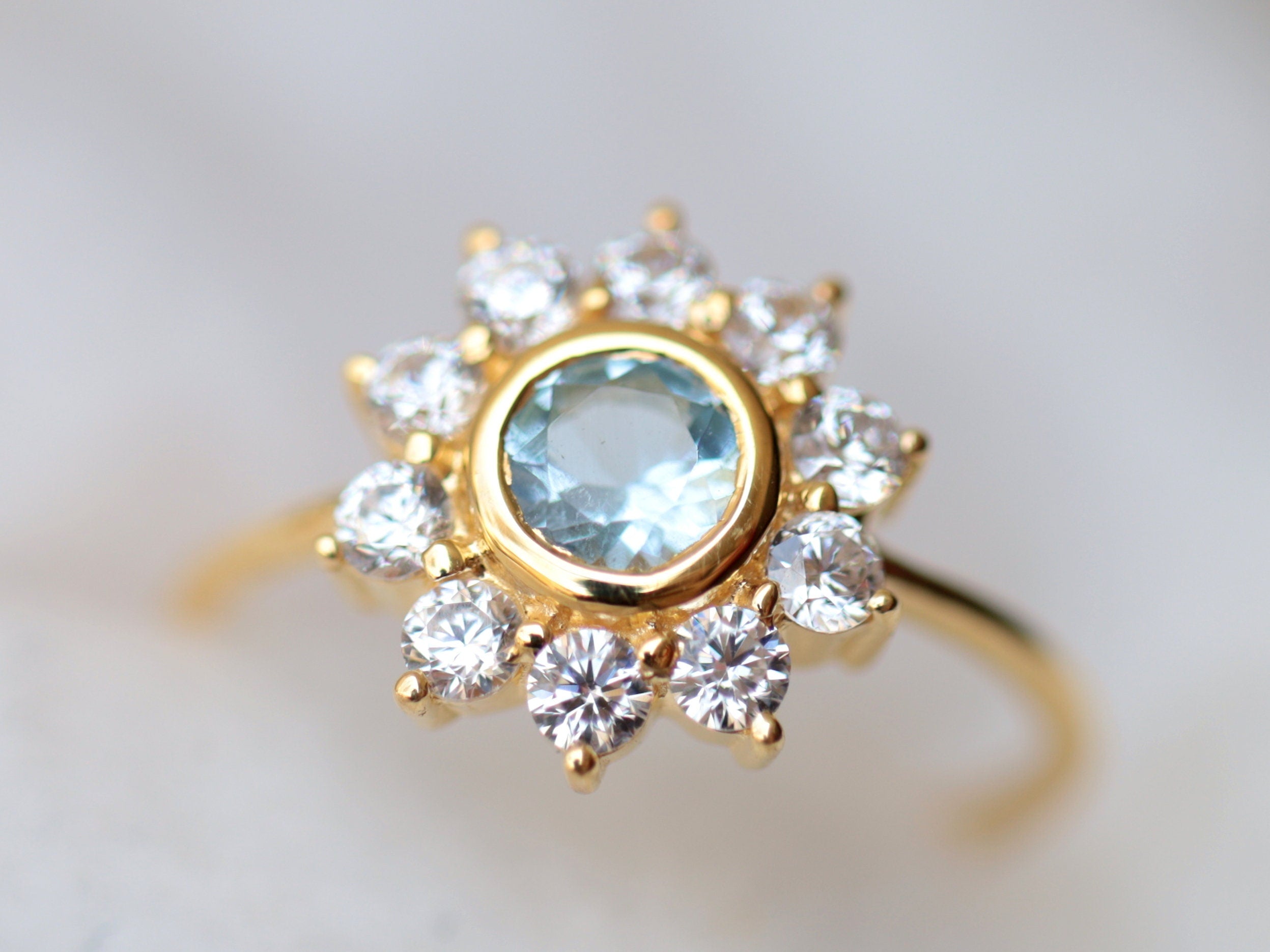 Aquamarine Engagement Ring | Sunflower Aquamarine & Diamond Ring | March Birthstone Statement Ring -