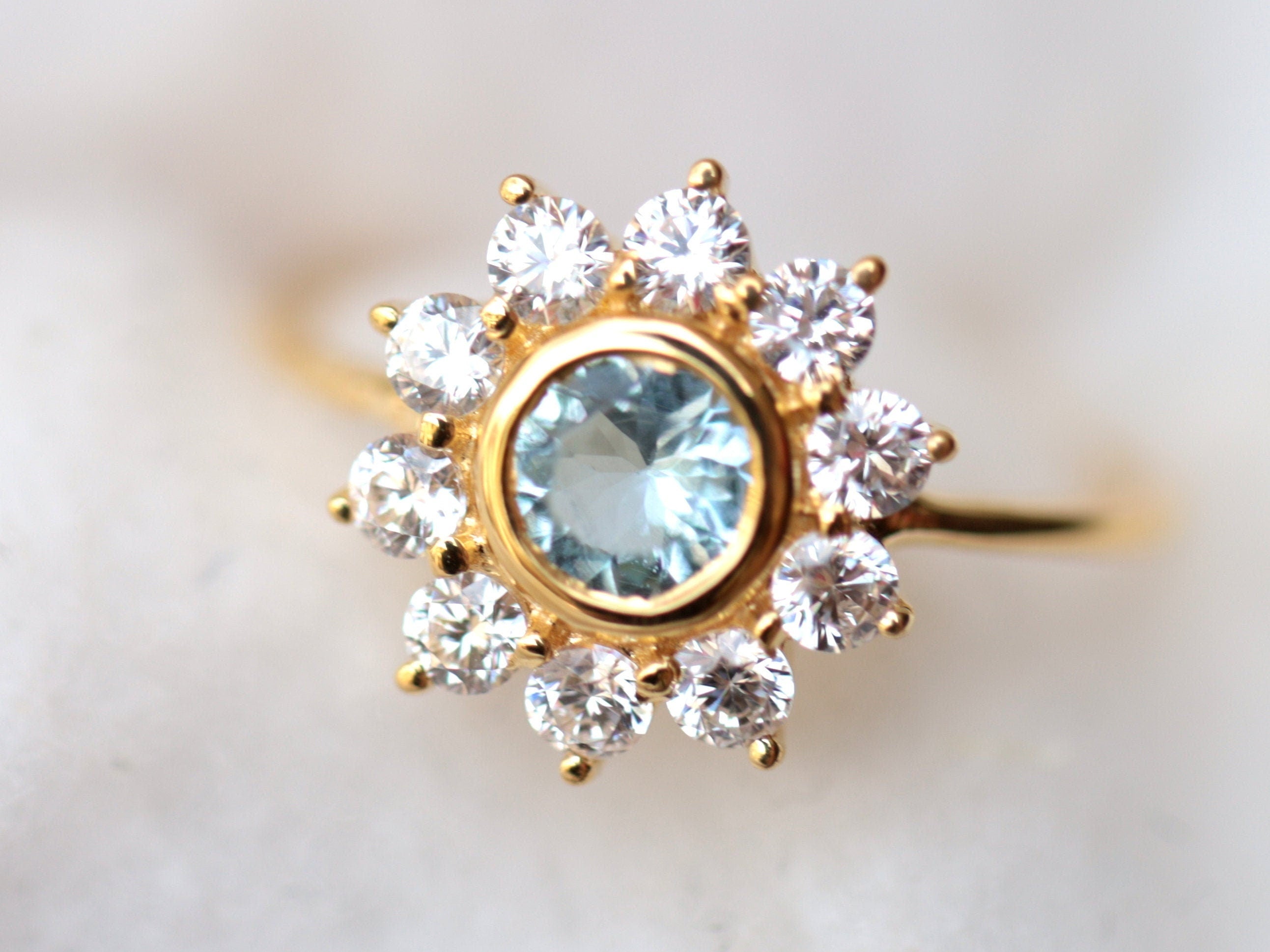 Aquamarine Engagement Ring | Sunflower & Diamond | March Birthstone -