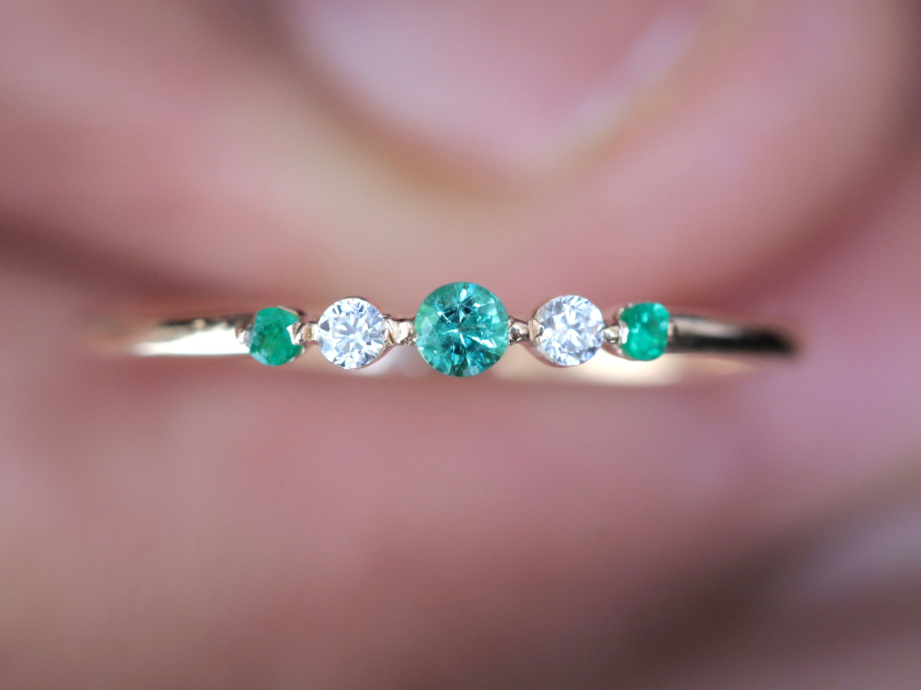 Emerald Stacking Ring | Emerald & Diamond Ring | Dainty Minimalist Stacking Ring -