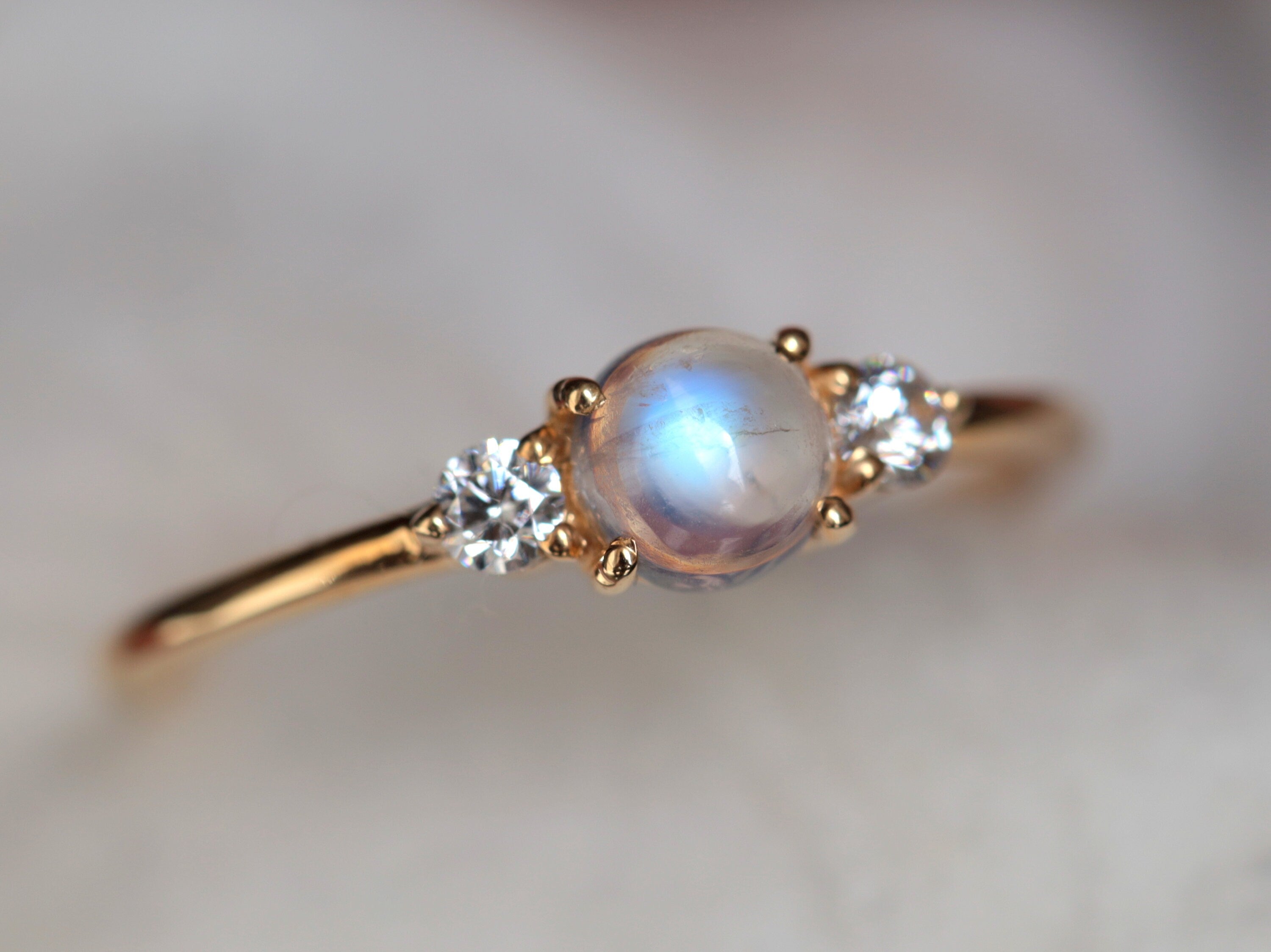 Rainbow Moonstone Engagement Ring | Gold Moonstone Stacking Ring | Natural Moonstone Diamond Ring -