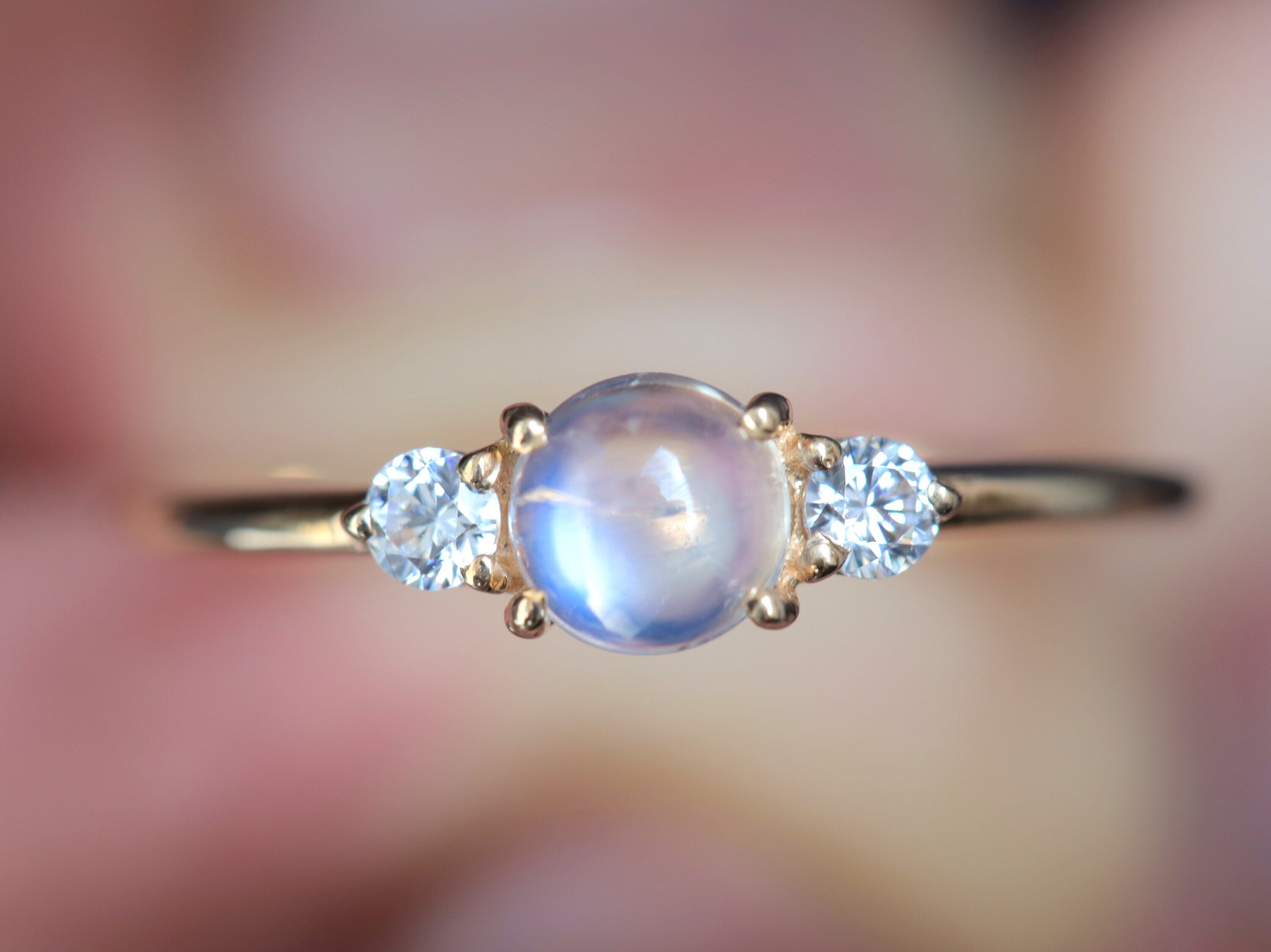 Rainbow Moonstone Engagement Ring | Gold Moonstone Stacking Ring | Natural Moonstone Diamond Ring -