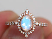 Art Deco Rainbow Moonstone Engagement Ring | Diamond Halo Oval Cut Moonstone Ring | Gift for Her -