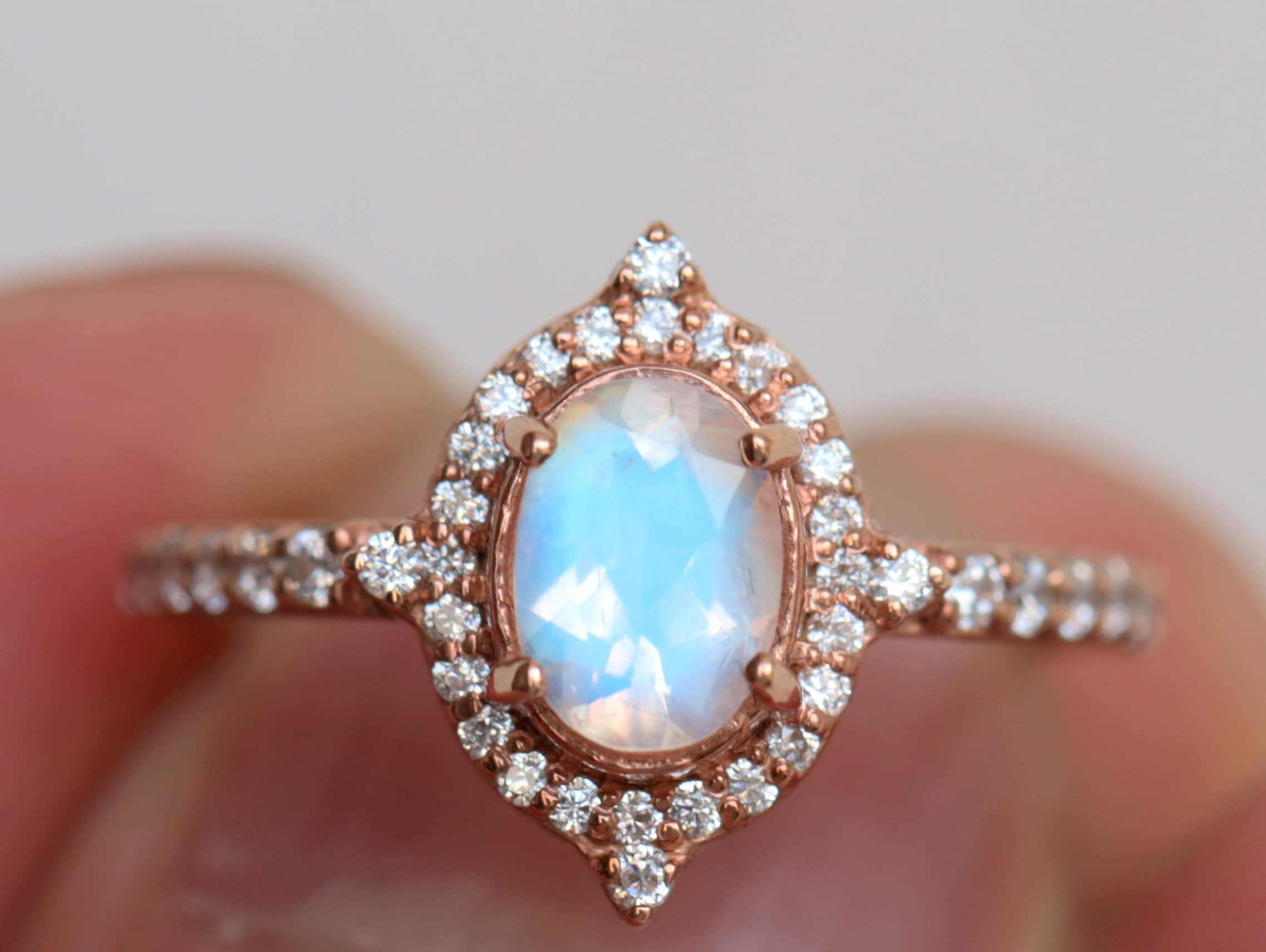 Art Deco Rainbow Moonstone Engagement Ring | Diamond Halo Oval Cut Moonstone Ring | Gift for Her -
