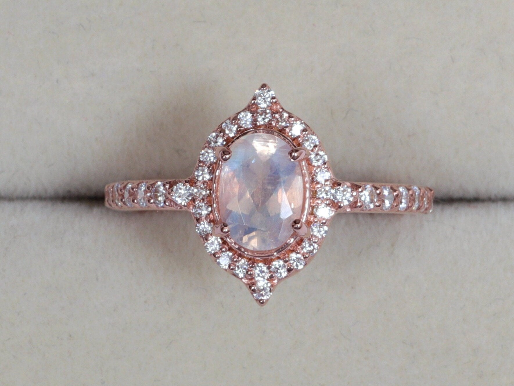 Art Deco Rainbow Moonstone Engagement Ring | Diamond Halo Oval Cut Moonstone Ring | Gift for Her -
