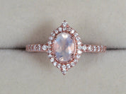 Art Deco Rainbow Moonstone Engagement Ring | Diamond Halo Oval Cut Moonstone Ring | Gift for Her -