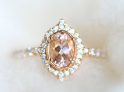 Morganite Engagement Ring | Halo Oval Morganite Ring | Morganite & Diamond Ring | Peach Morganite -
