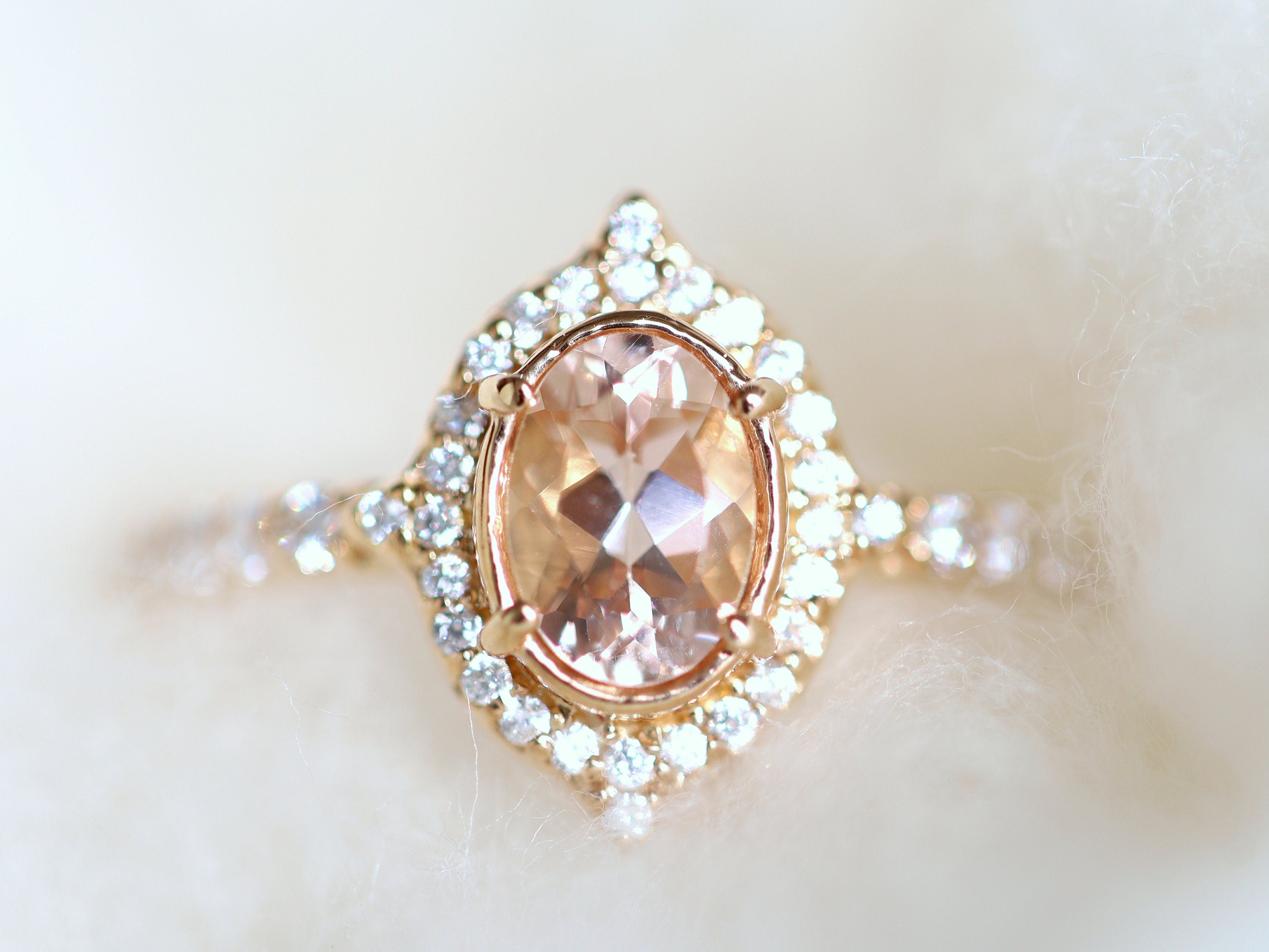 Morganite Engagement Ring | Halo Oval Morganite Ring | Morganite & Diamond Ring | Peach Morganite -