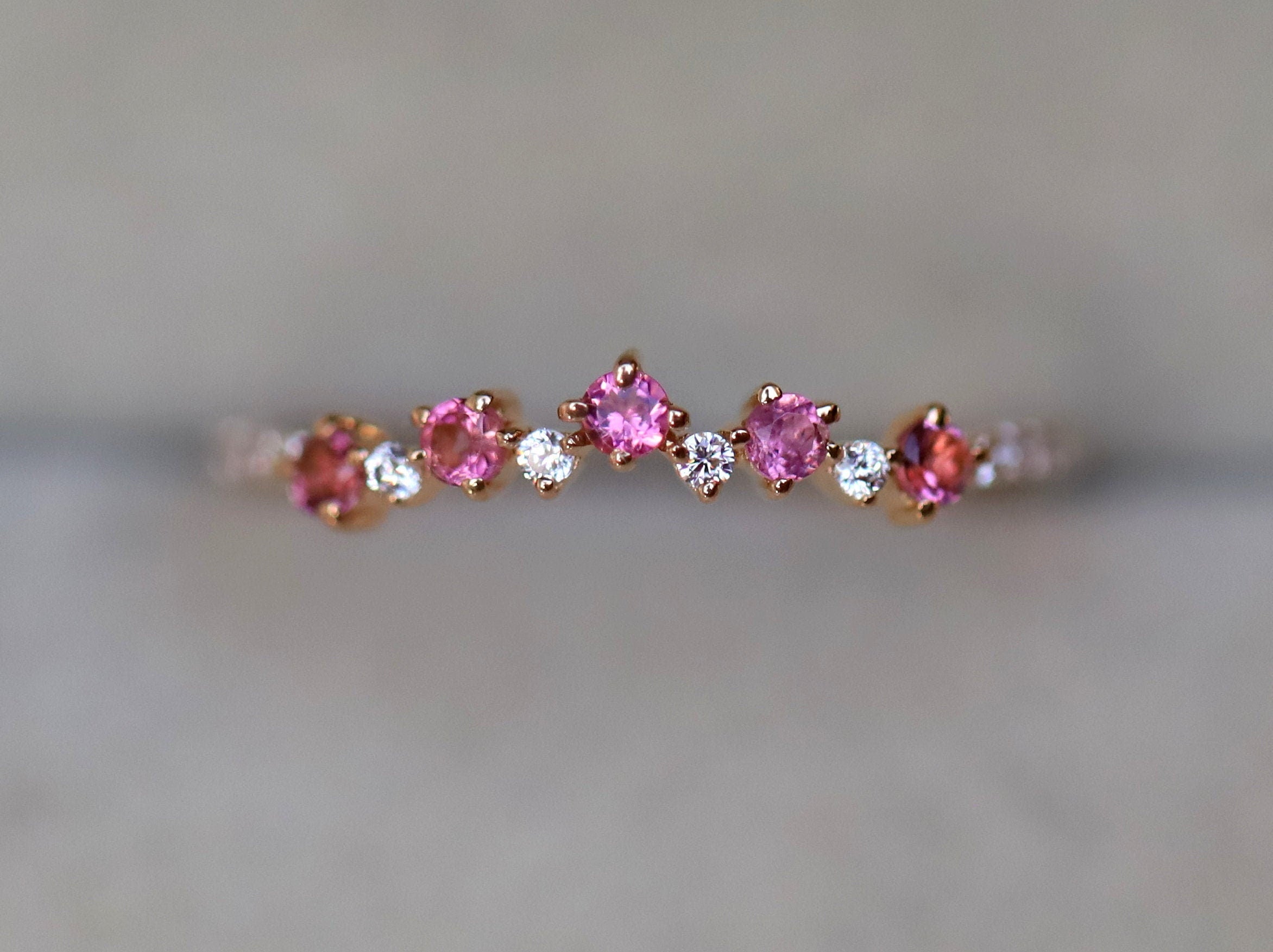 Pink Tourmaline Cluster Ring | Curved Wedding Band | Tourmaline & Diamond Wedding Band -