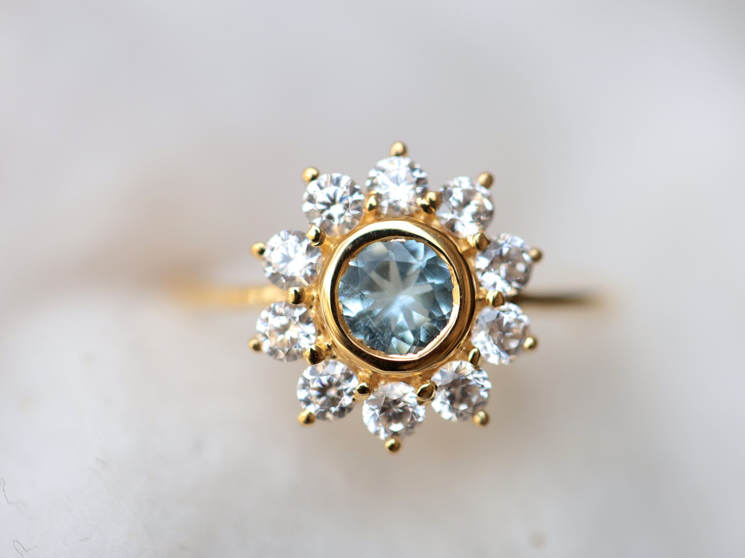 Aquamarine Engagement Ring | Sunflower Aquamarine & Diamond Ring | March Birthstone Statement Ring -