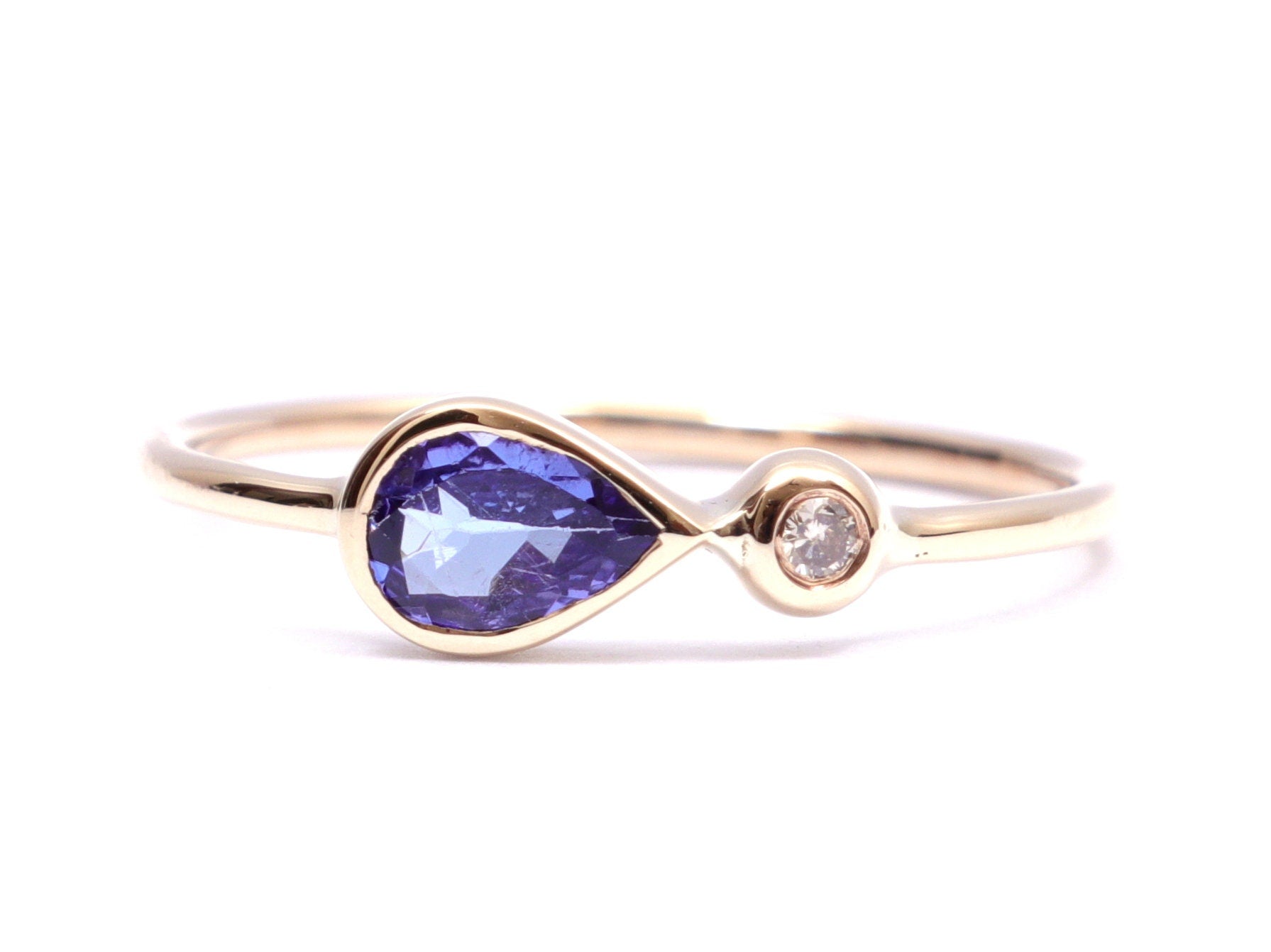 Tanzanite Engagement Ring | 14k Gold Teardrop Tanzanite and Diamond Ring | Tanzanite Stacking Ring -