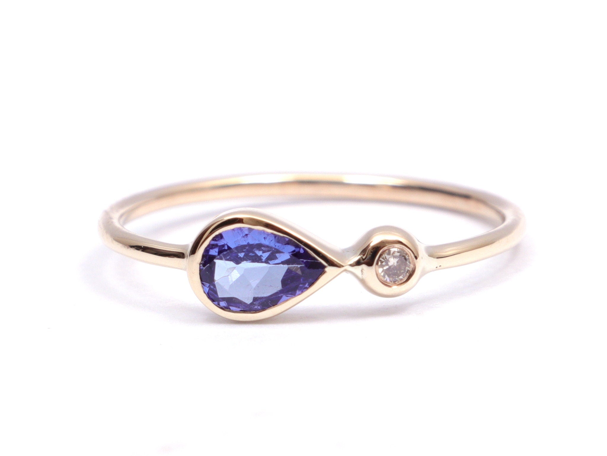 Tanzanite Engagement Ring | 14k Gold Teardrop Tanzanite and Diamond Ring | Tanzanite Stacking Ring -