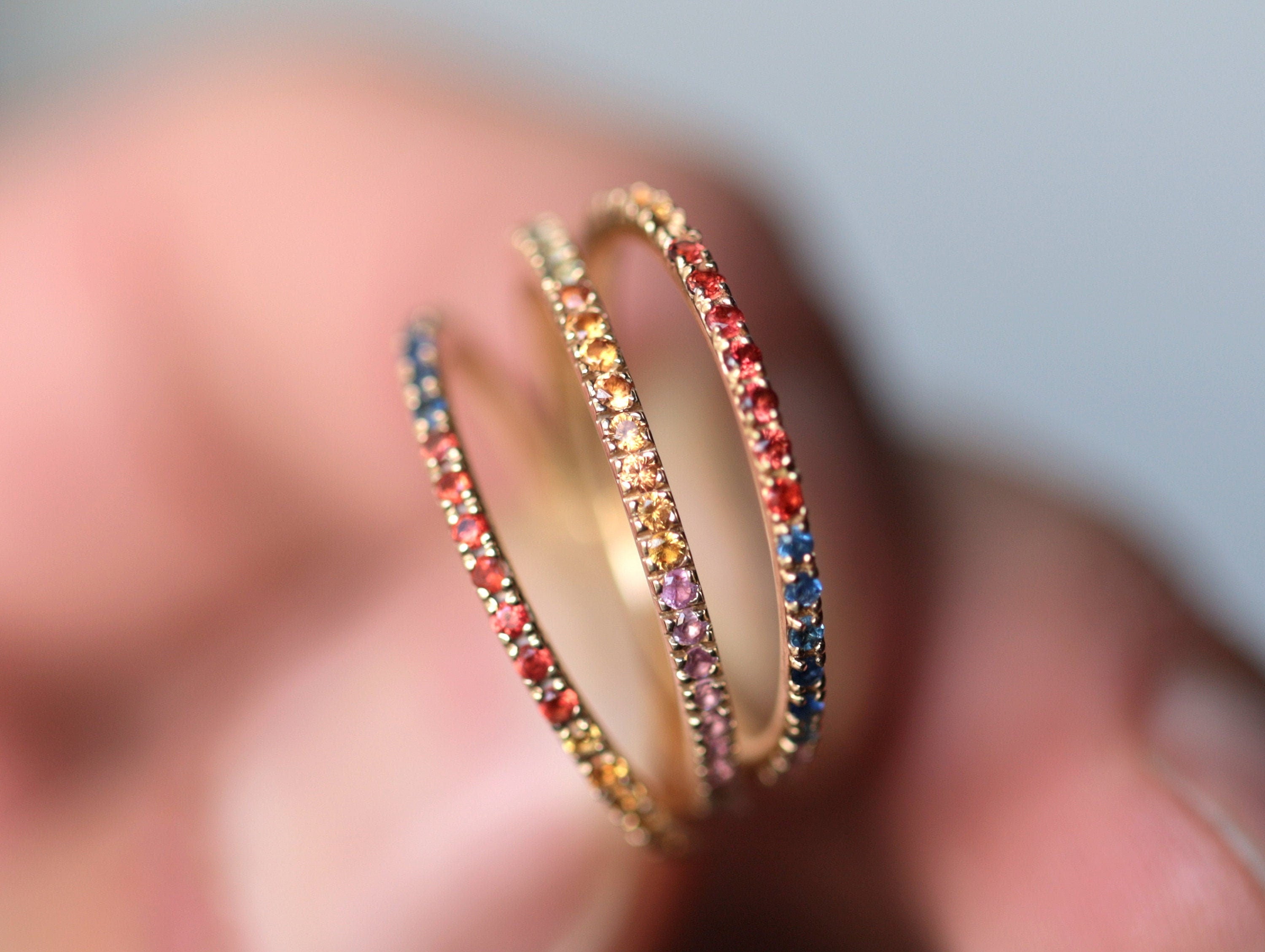 Rainbow Sapphire Full Eternity Ring | Sapphire Wedding Band | Pave Sapphire Band -