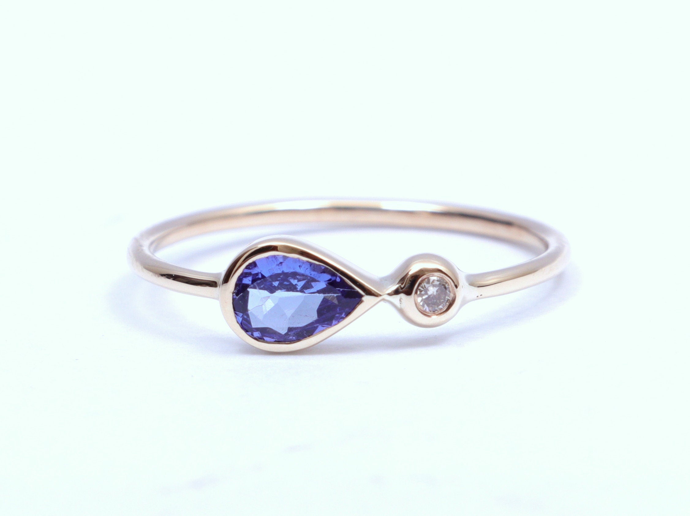 Tanzanite Engagement Ring | 14k Gold Teardrop Tanzanite and Diamond Ring | Tanzanite Stacking Ring -