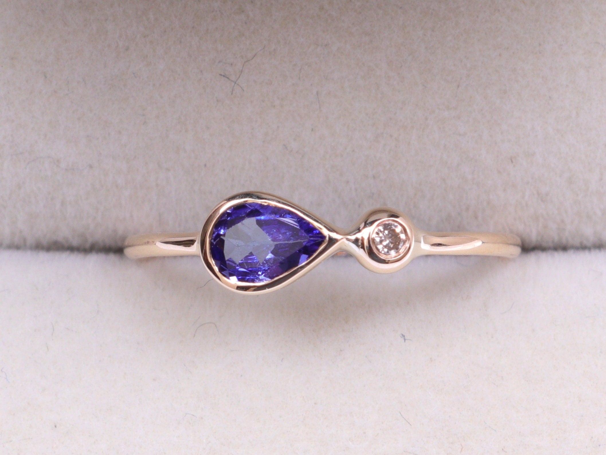 Tanzanite Engagement Ring | 14k Gold Teardrop Tanzanite and Diamond Ring | Tanzanite Stacking Ring -