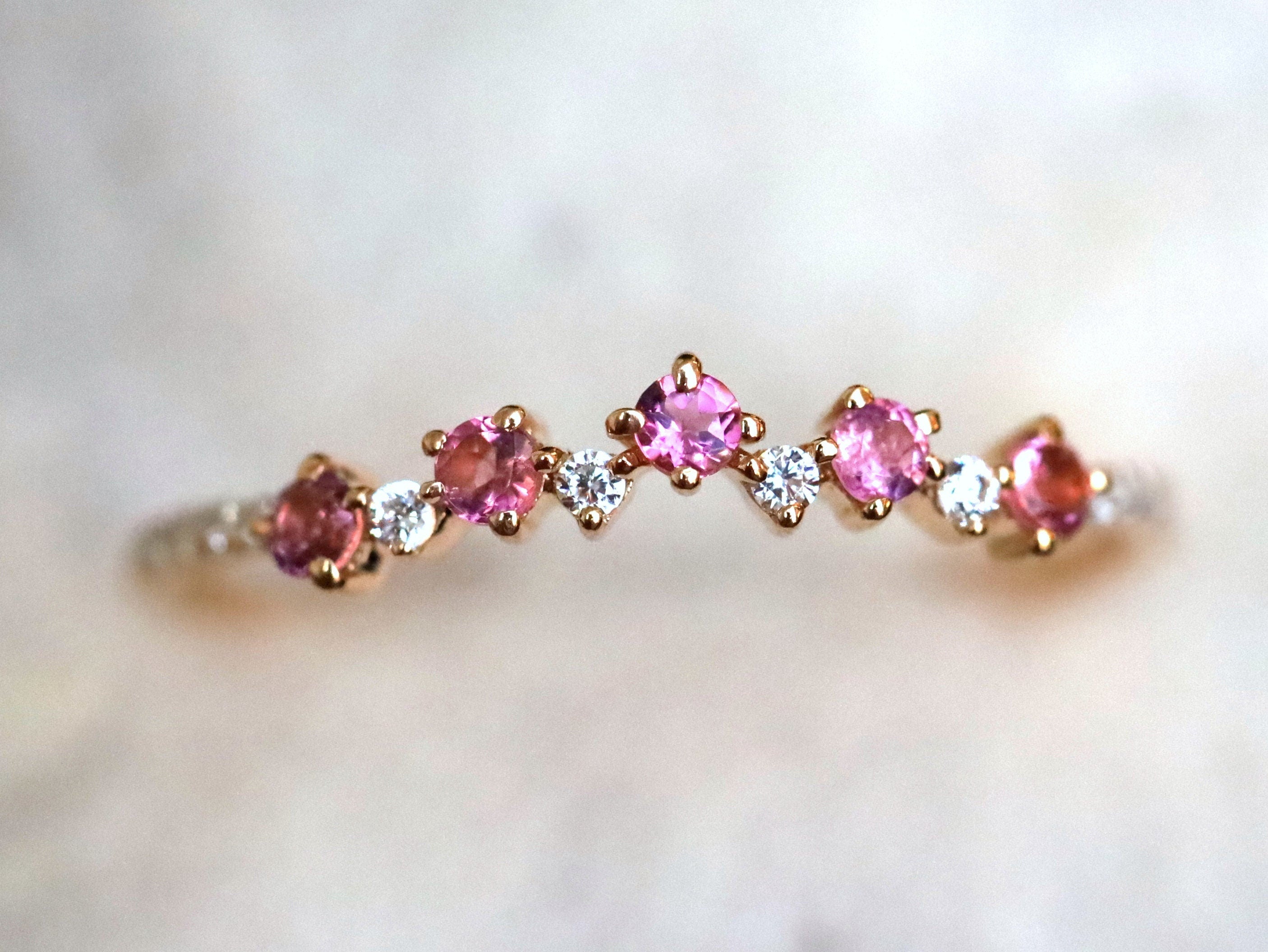 Pink Tourmaline Cluster Ring | Curved Wedding Band | Tourmaline & Diamond Wedding Band -