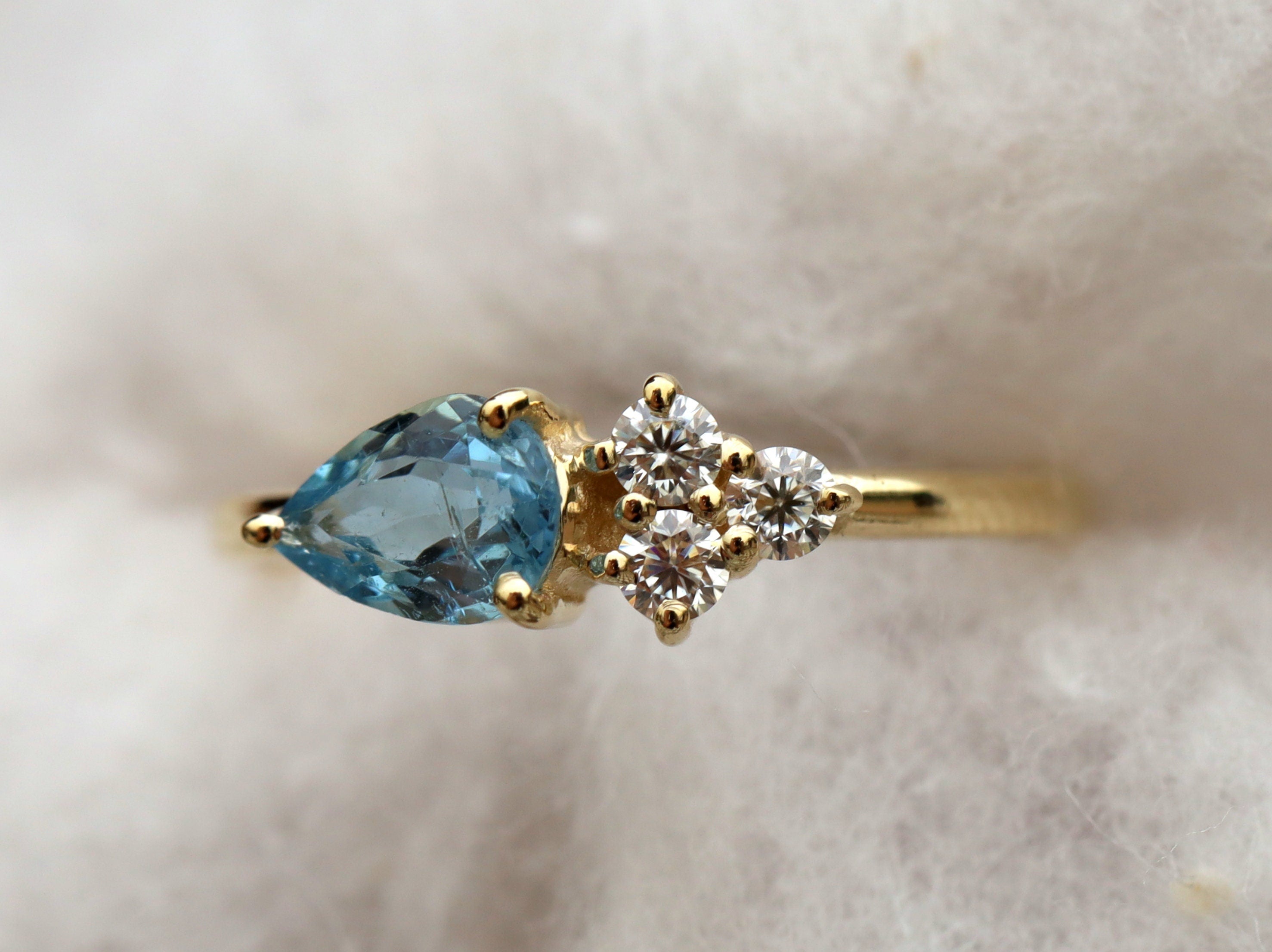 Aquamarine Engagement Ring | Pear Cut Aquamarine and Diamond Ring | March Birthstone Cluster Ring -