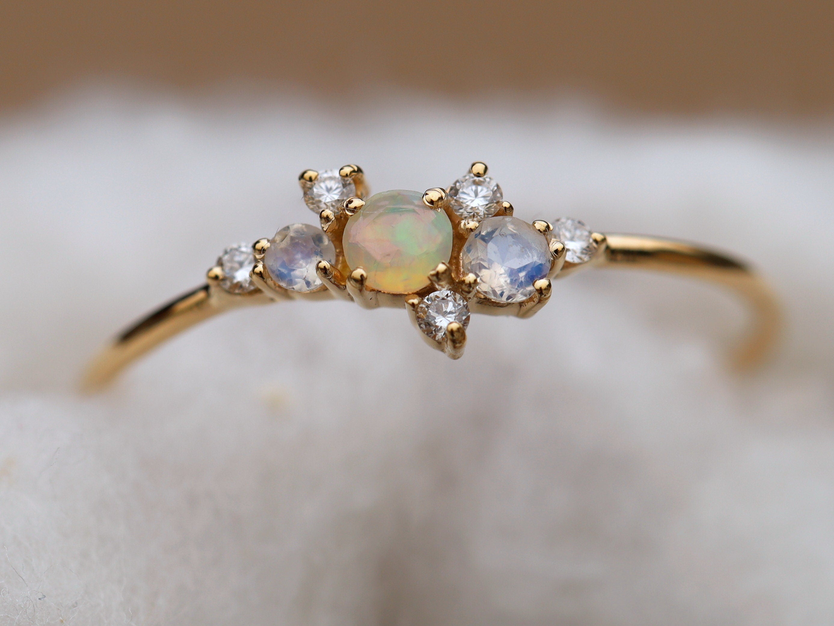 Opal Cluster Engagement Ring | Fire Opal & Moonstone Ring | Diamond Opal Cluster Ring -