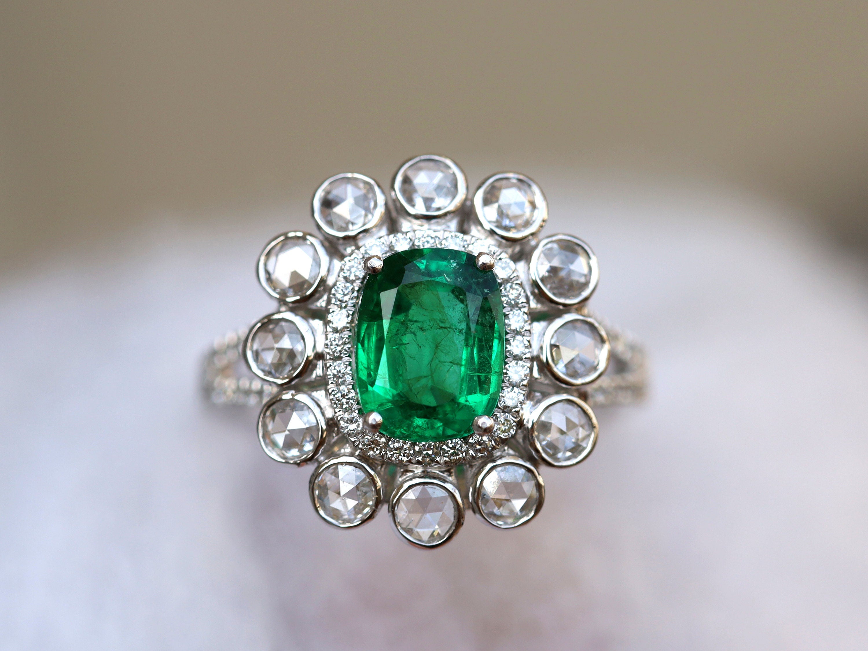 Natural Emerald & Diamond Halo Engagement Ring | 1.3ct Cushion Cut Emerald with Round Rose Cut Diamonds -