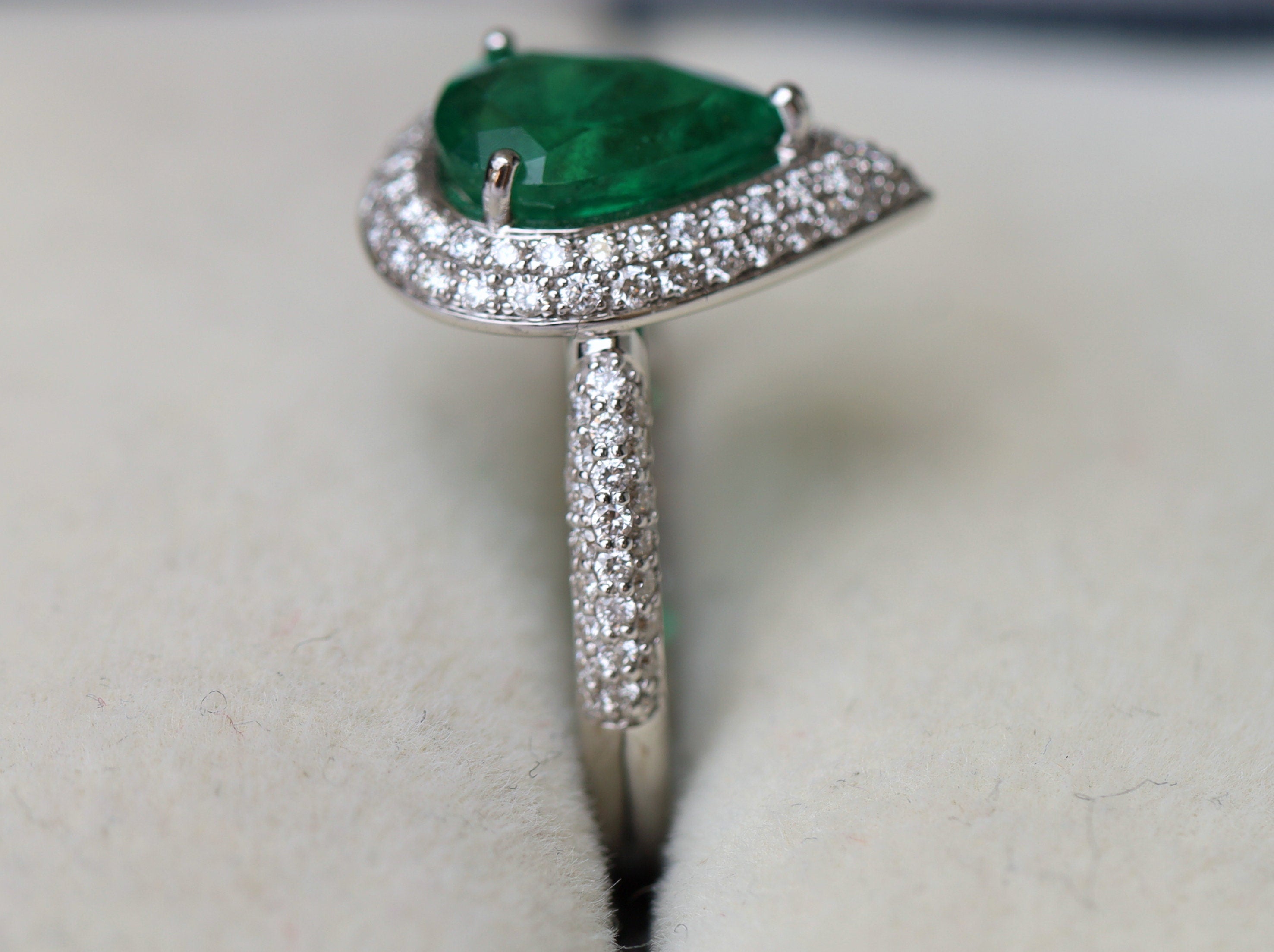 Antique Natural Emerald Engagement Ring | Pear Cut Halo Diamond Ring | 1.7 Carat Emerald -