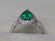 Antique Natural Emerald Engagement Ring | Pear Cut Halo Diamond Ring | 1.7 Carat Emerald -