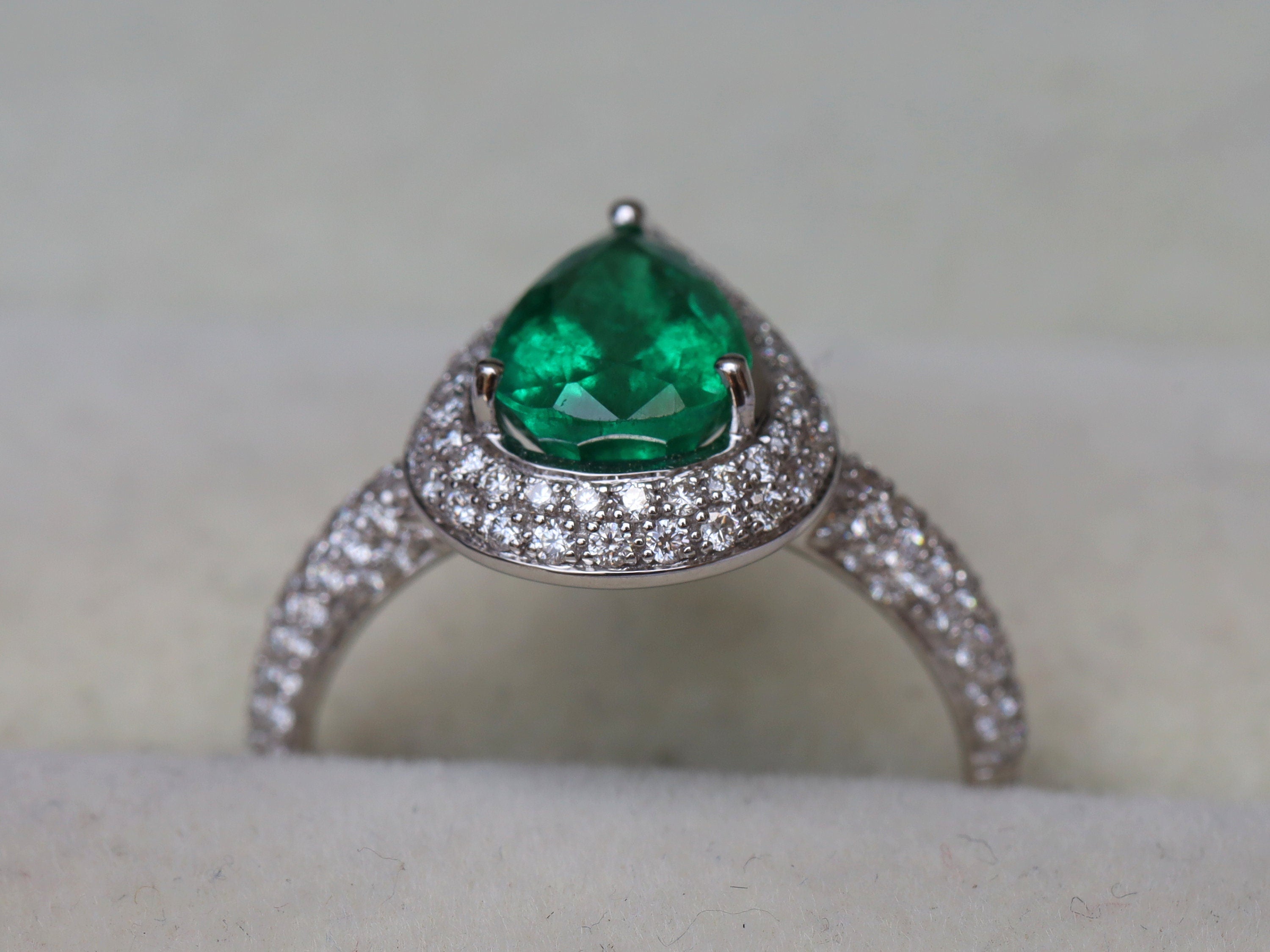 Antique Natural Emerald Engagement Ring | Pear Cut Halo Diamond Ring | 1.7 Carat Emerald -