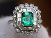Antique Emerald Engagement Ring | Green Emerald Cut and Diamond Ring | 1.6 Carat Emerald Ring -