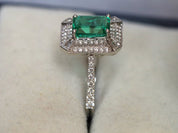 1.5ct Green Emerald Engagement Ring | Emerald Cut Emerald with Diamond Halo Ring -