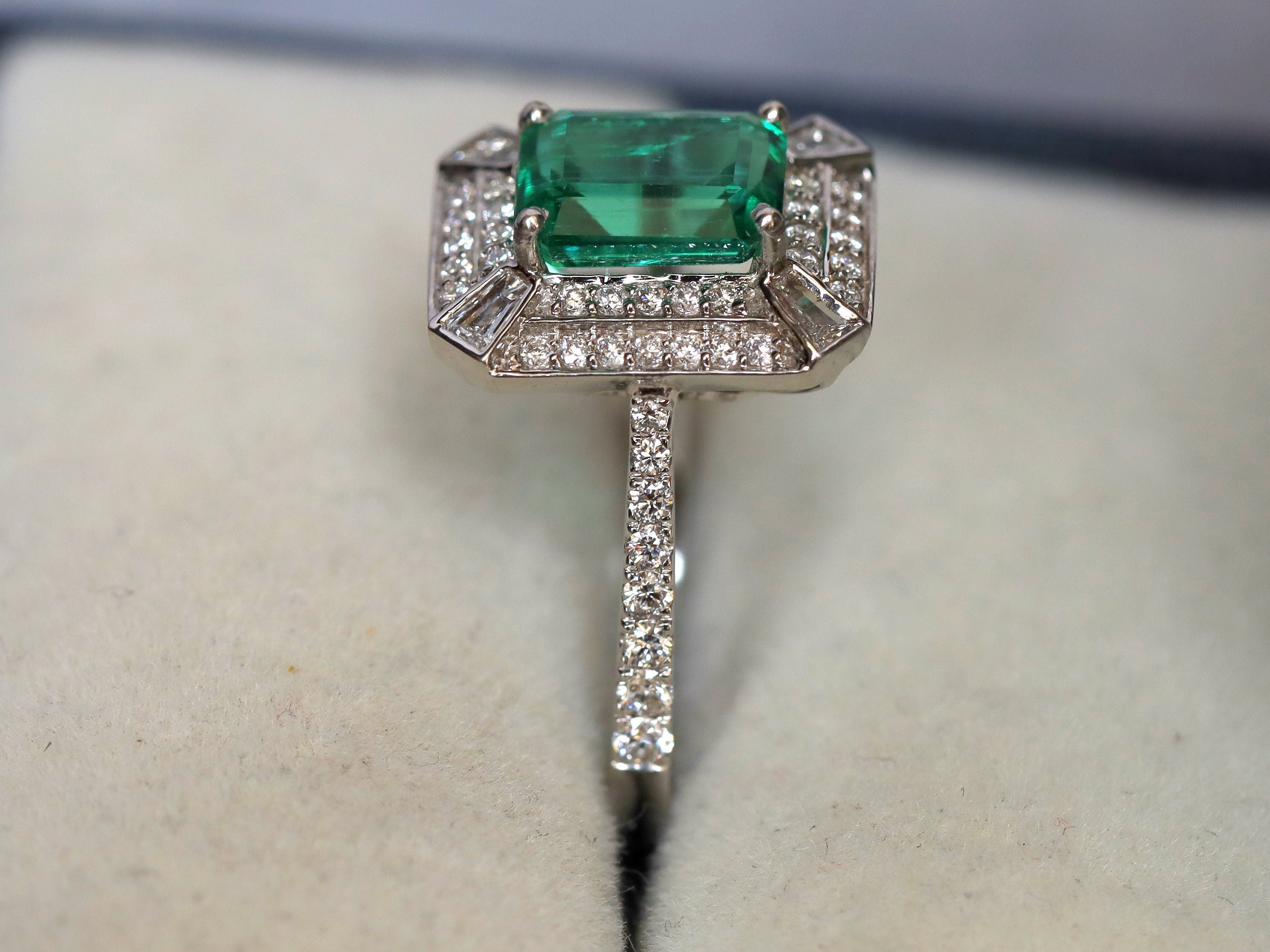 1.5ct Green Emerald Engagement Ring | Emerald Cut Emerald with Diamond Halo Ring -