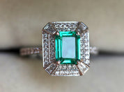 1.5ct Green Emerald Engagement Ring | Emerald Cut Emerald with Diamond Halo Ring -