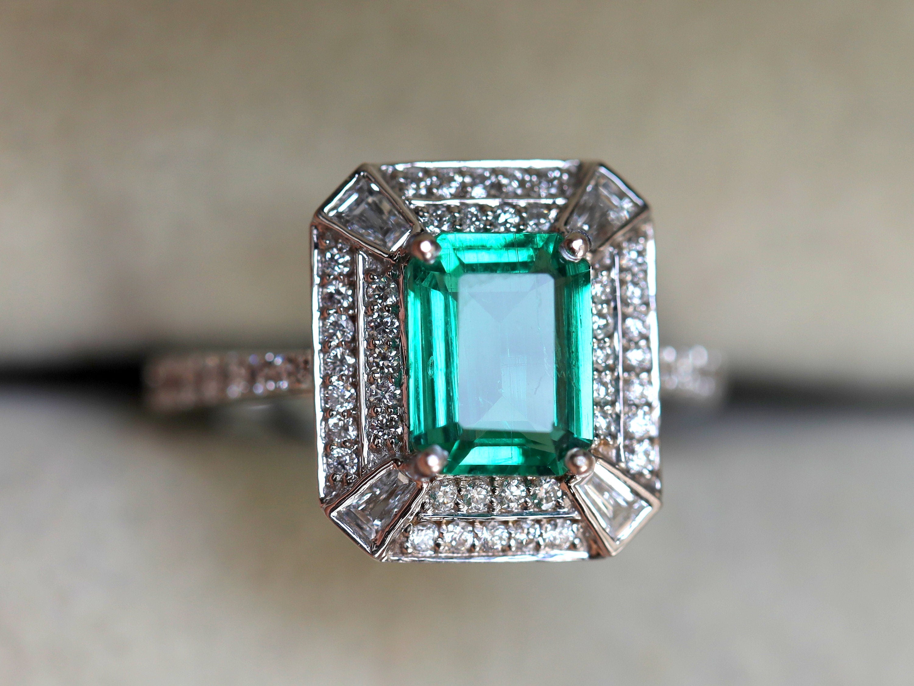 1.5ct Green Emerald Engagement Ring | Emerald Cut Emerald with Diamond Halo Ring -