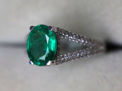 2 Carat Green Emerald Engagement Ring | Oval Cut Emerald and Diamond Ring -