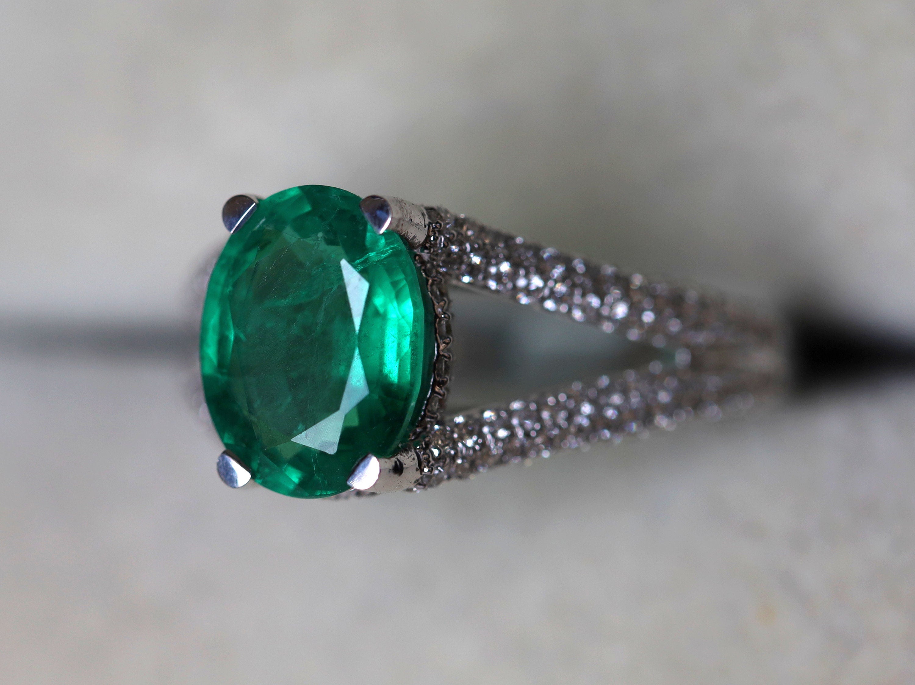 2 Carat Green Emerald Engagement Ring | Oval Cut Emerald and Diamond Ring -