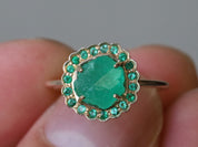 Raw Emerald Halo Ring | May Birthstone Engagement Ring | Raw Gemstone Ring -