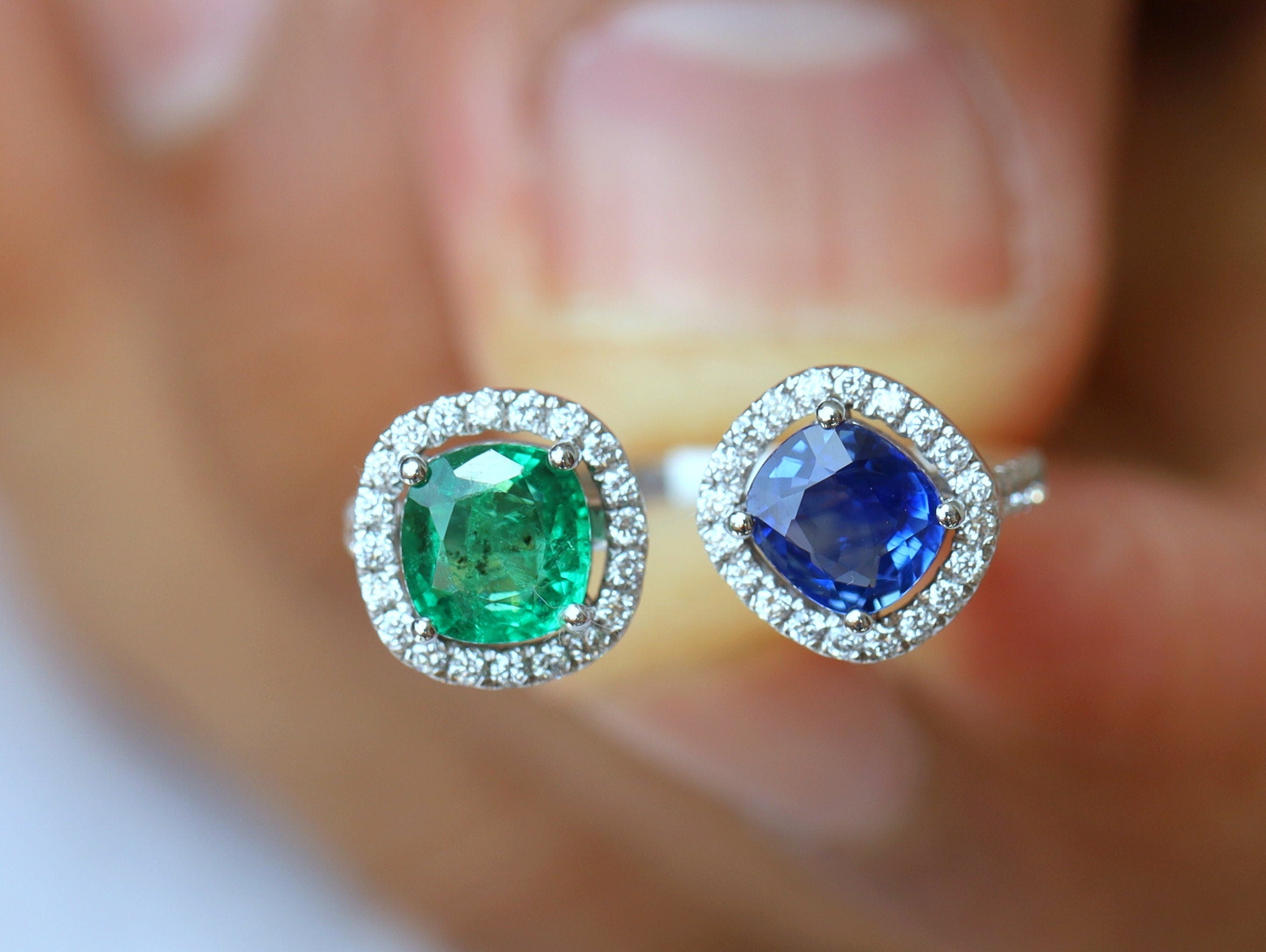 Emerald & Sapphire Halo Engagement Ring | Adjustable Art Deco Ring | Unique Gemstone Ring -