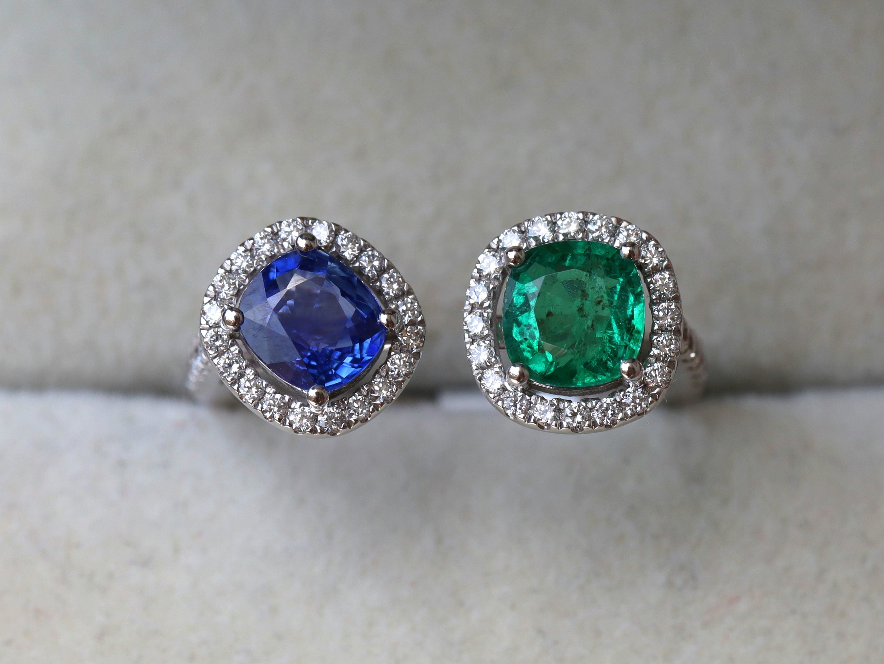 Emerald & Sapphire Halo Engagement Ring | Adjustable Art Deco Ring | Unique Gemstone Ring -