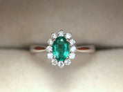 Natural Emerald Engagement Ring | Oval Emerald with Diamond Halo Engagement Ring -
