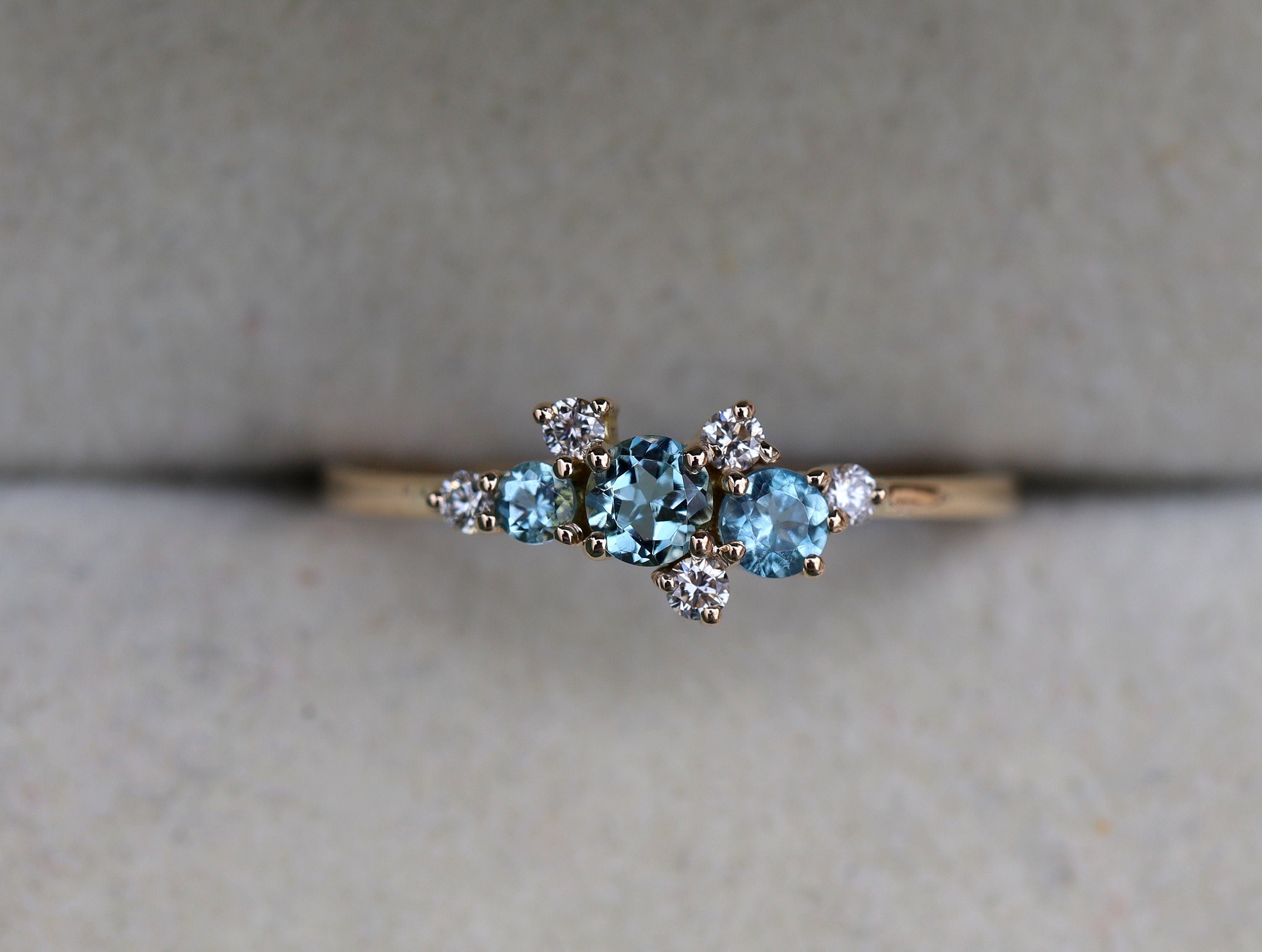 Aquamarine Engagement Ring | Diamond Cluster Ring | March Birthstone Jewelry -