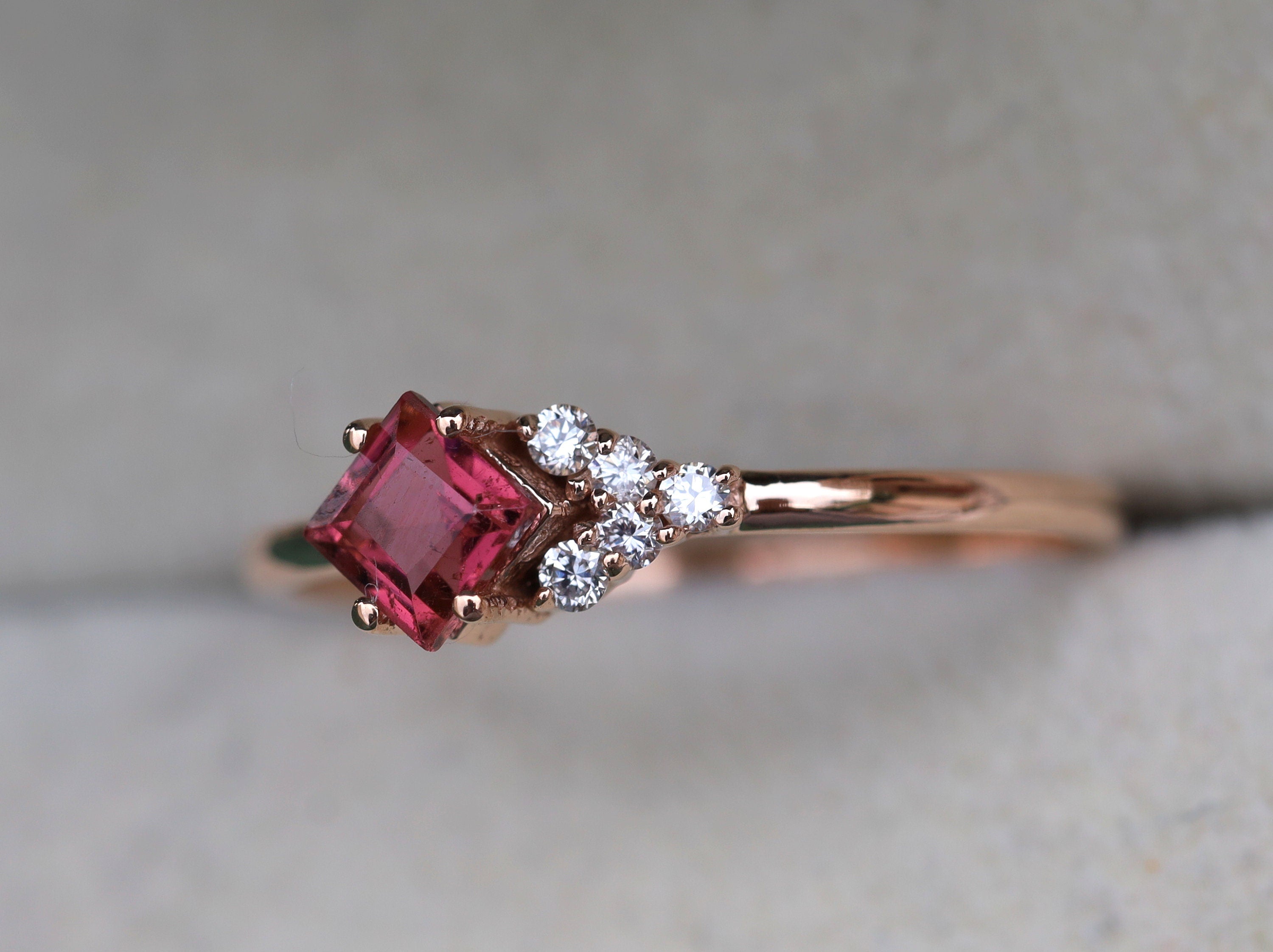 Pink Tourmaline Cluster Engagement Ring | Tourmaline & Diamond -