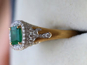 Vintage Emerald Engagement Ring | Green Emerald & Diamond Square Halo | Antique Engagement Ring -