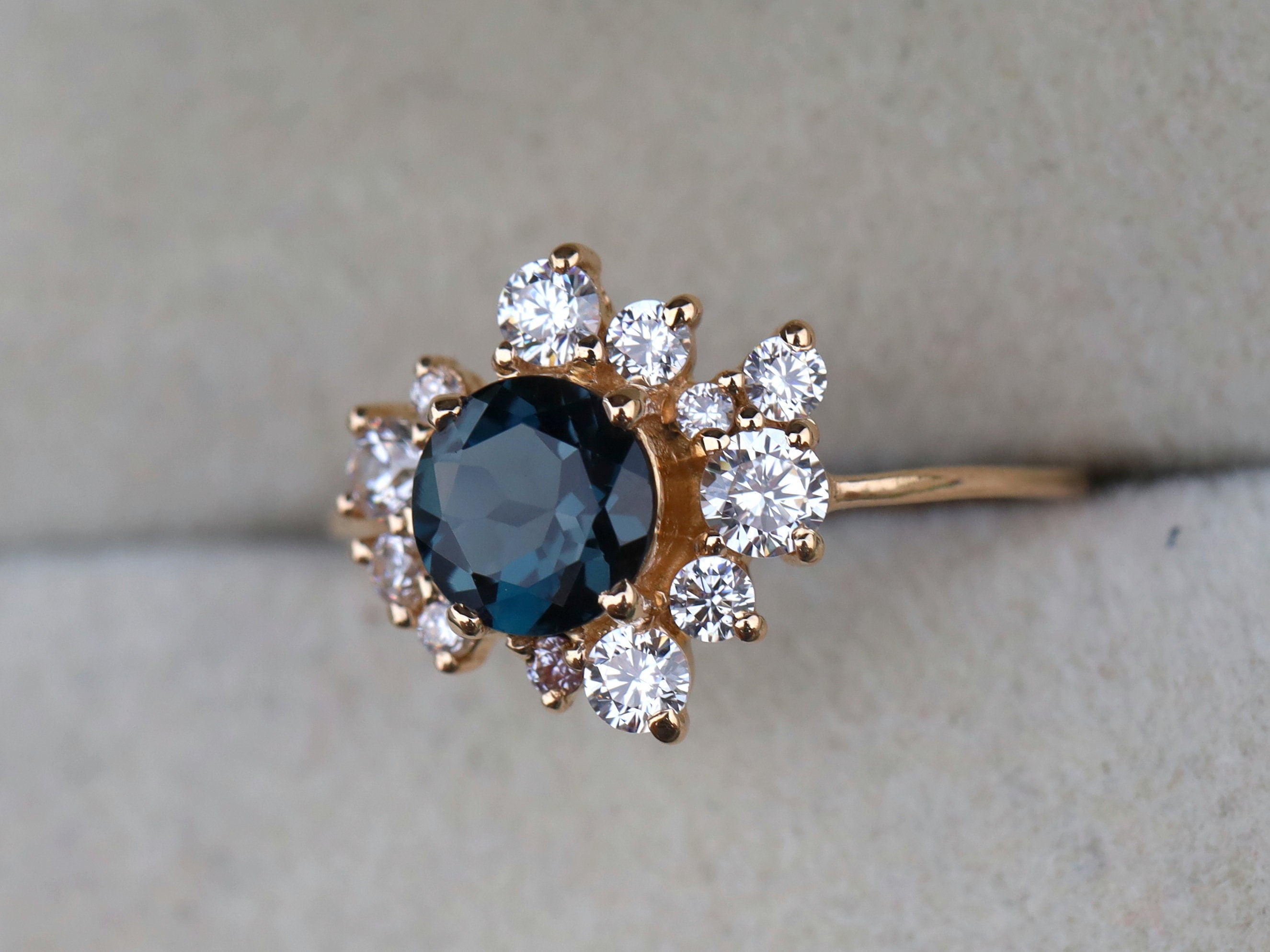 London Blue Topaz Cluster Ring | Moissanite Engagement Ring | Alternative Topaz Diamond Ring -