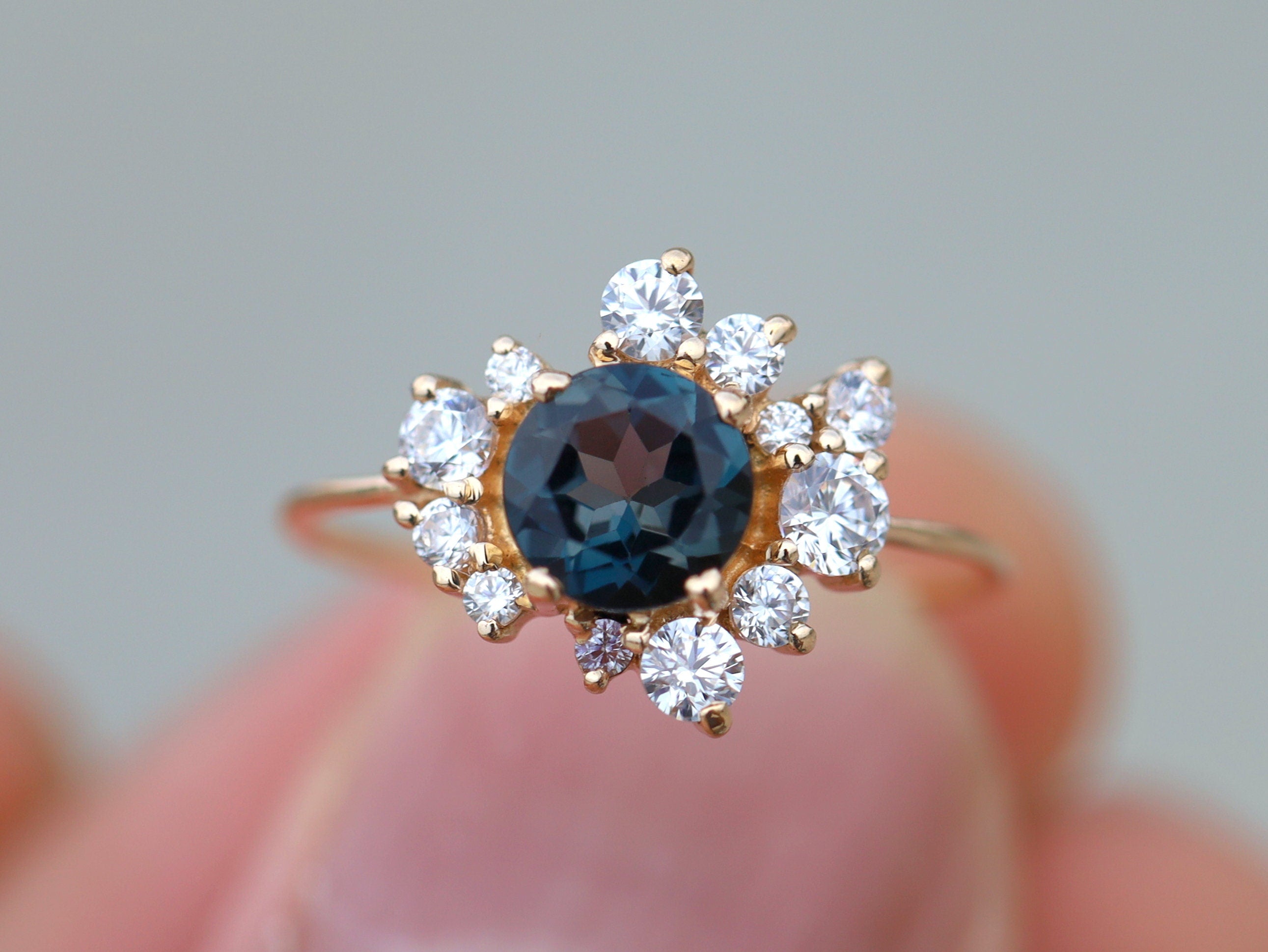 London Blue Topaz Cluster Ring | Moissanite Engagement Ring | Alternative Topaz Diamond Ring -