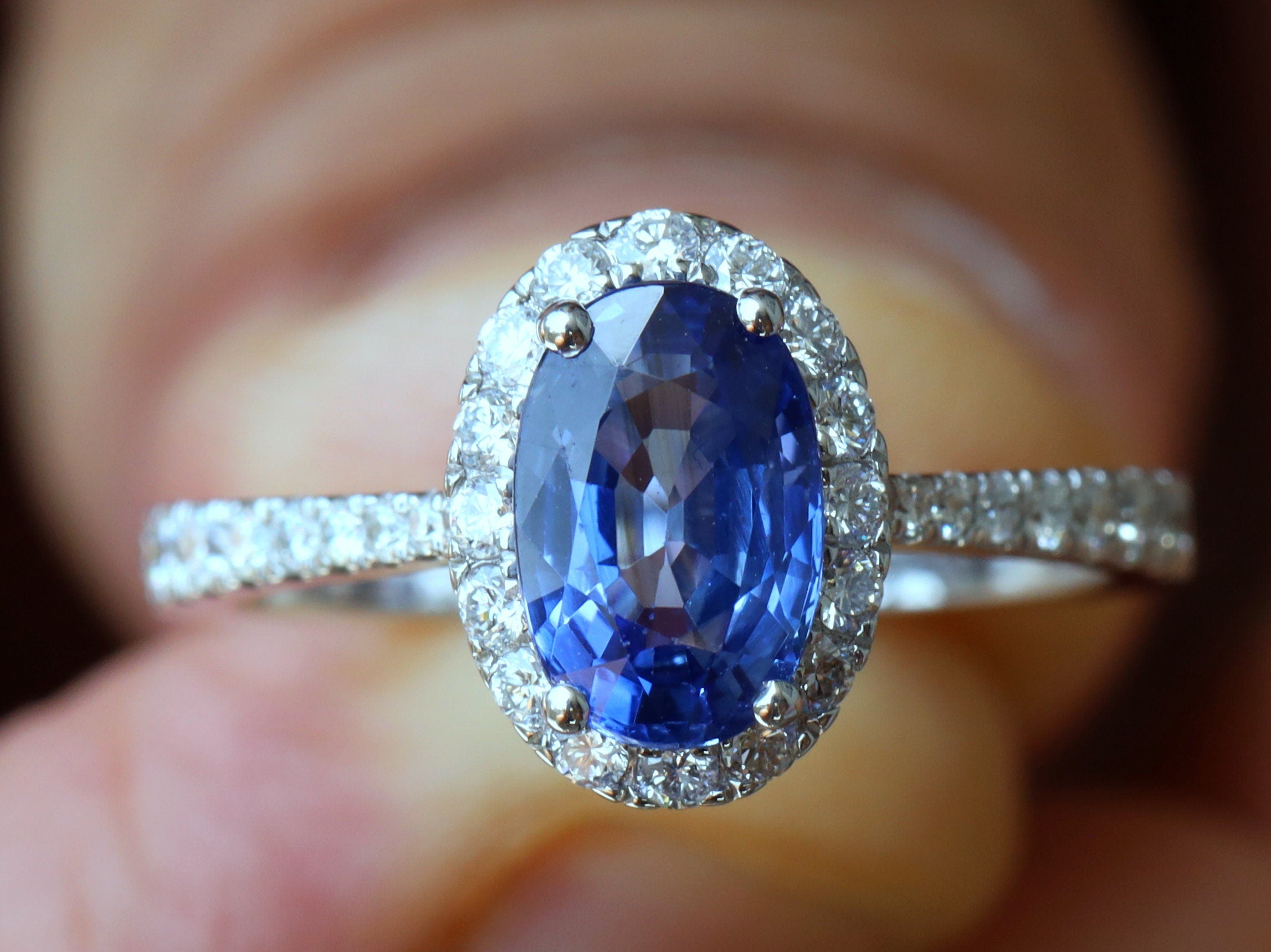 2 Ct Natural Blue Sapphire Engagement Ring | Halo Sapphire and Diamond Ring -