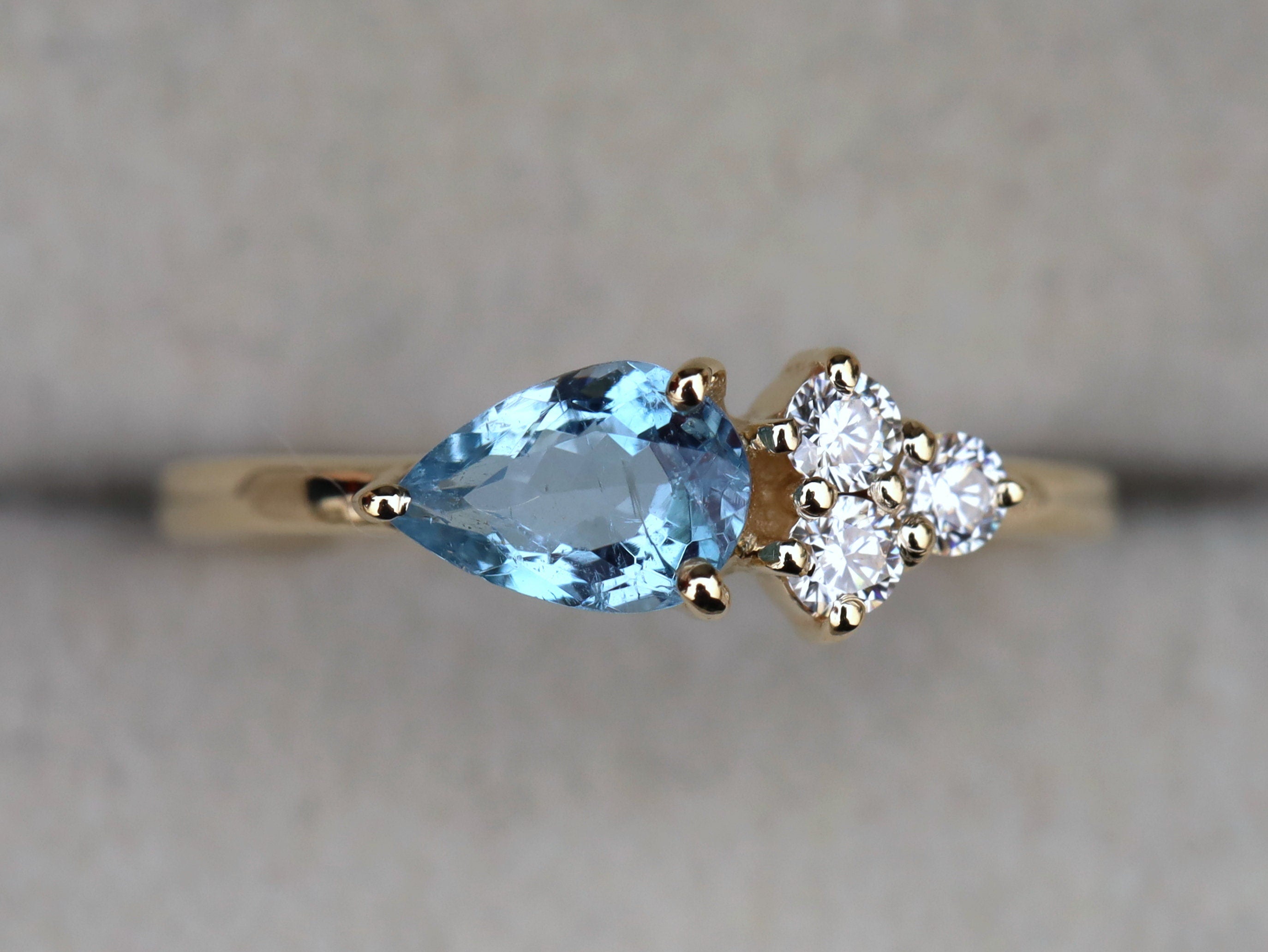 Aquamarine Engagement Ring | Pear Cut Aquamarine and Diamond Ring | March Birthstone Cluster Ring -