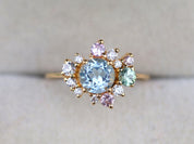 Aquamarine Ring | Cluster Engagement Ring | Aquamarine & Sapphire | Pale Color -