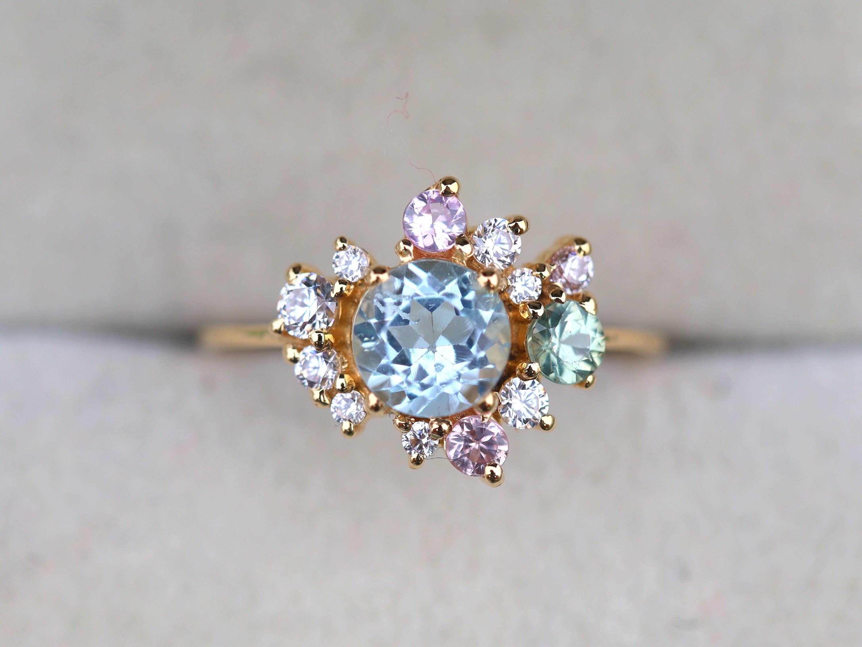 Aquamarine Ring | Cluster Engagement Ring | Aquamarine & Sapphire | Pale Color -