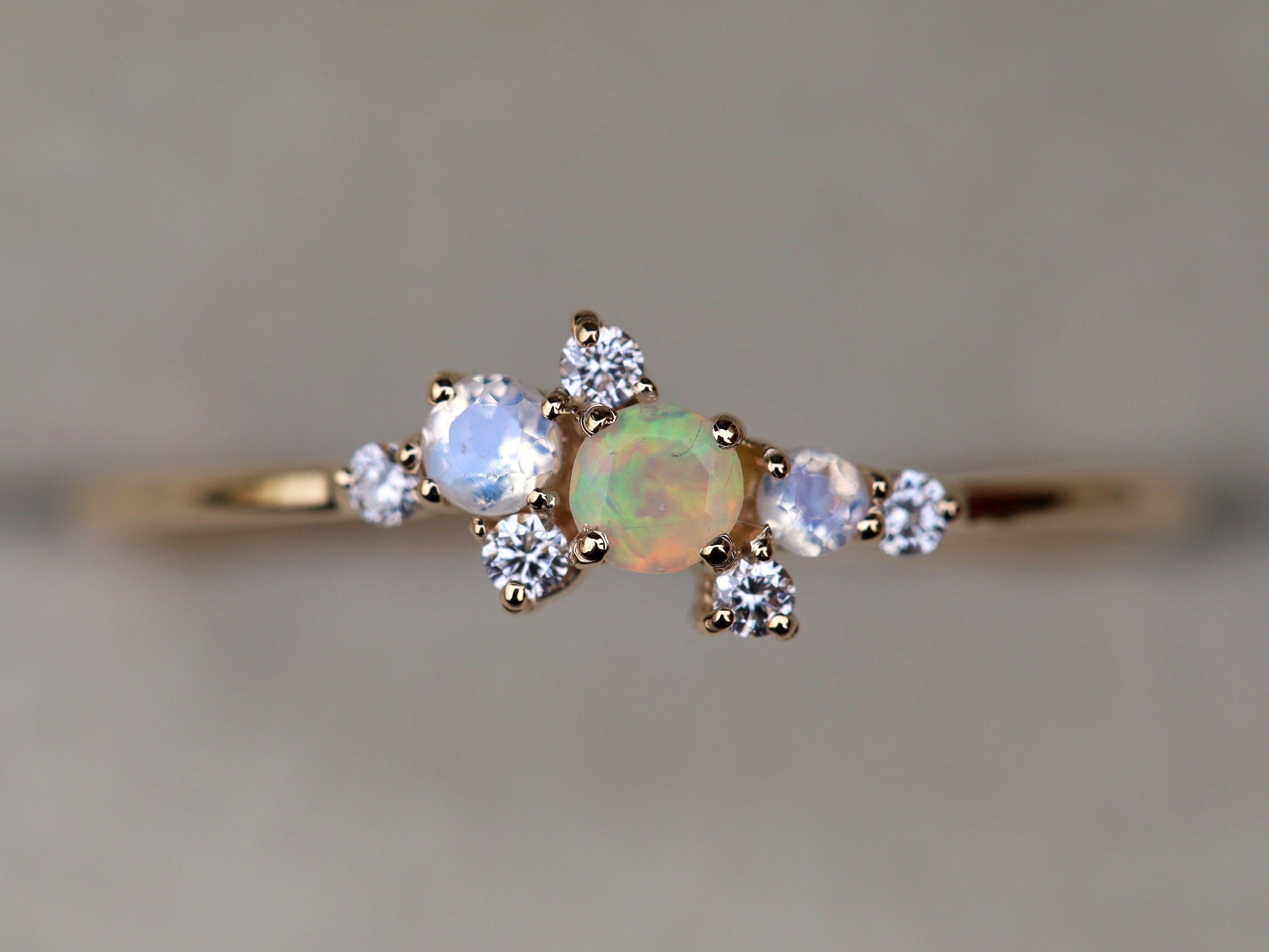 Opal Cluster Engagement Ring | Fire Opal & Moonstone Ring | Diamond Opal Cluster Ring -