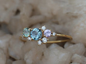 Aquamarine Cluster Engagement Ring | Sapphire and Diamond Cluster Ring | March Birthstone -