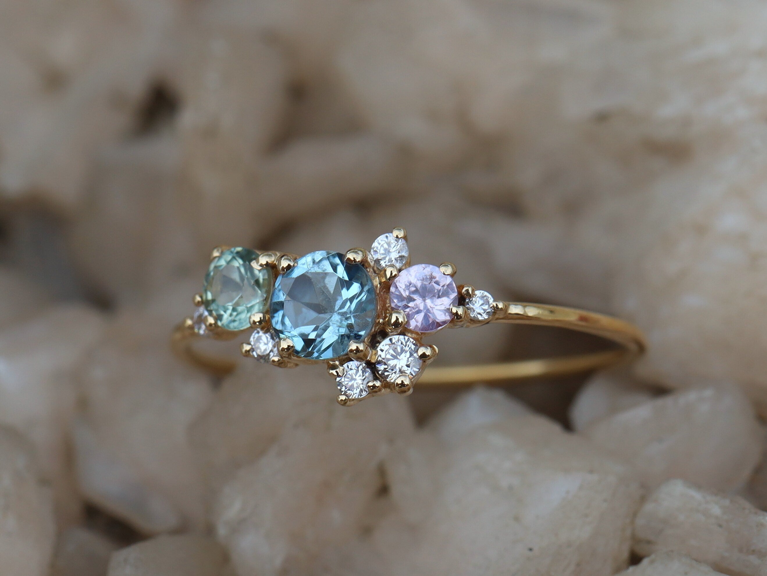 Aquamarine Cluster Engagement Ring | Sapphire and Diamond Cluster Ring | March Birthstone -
