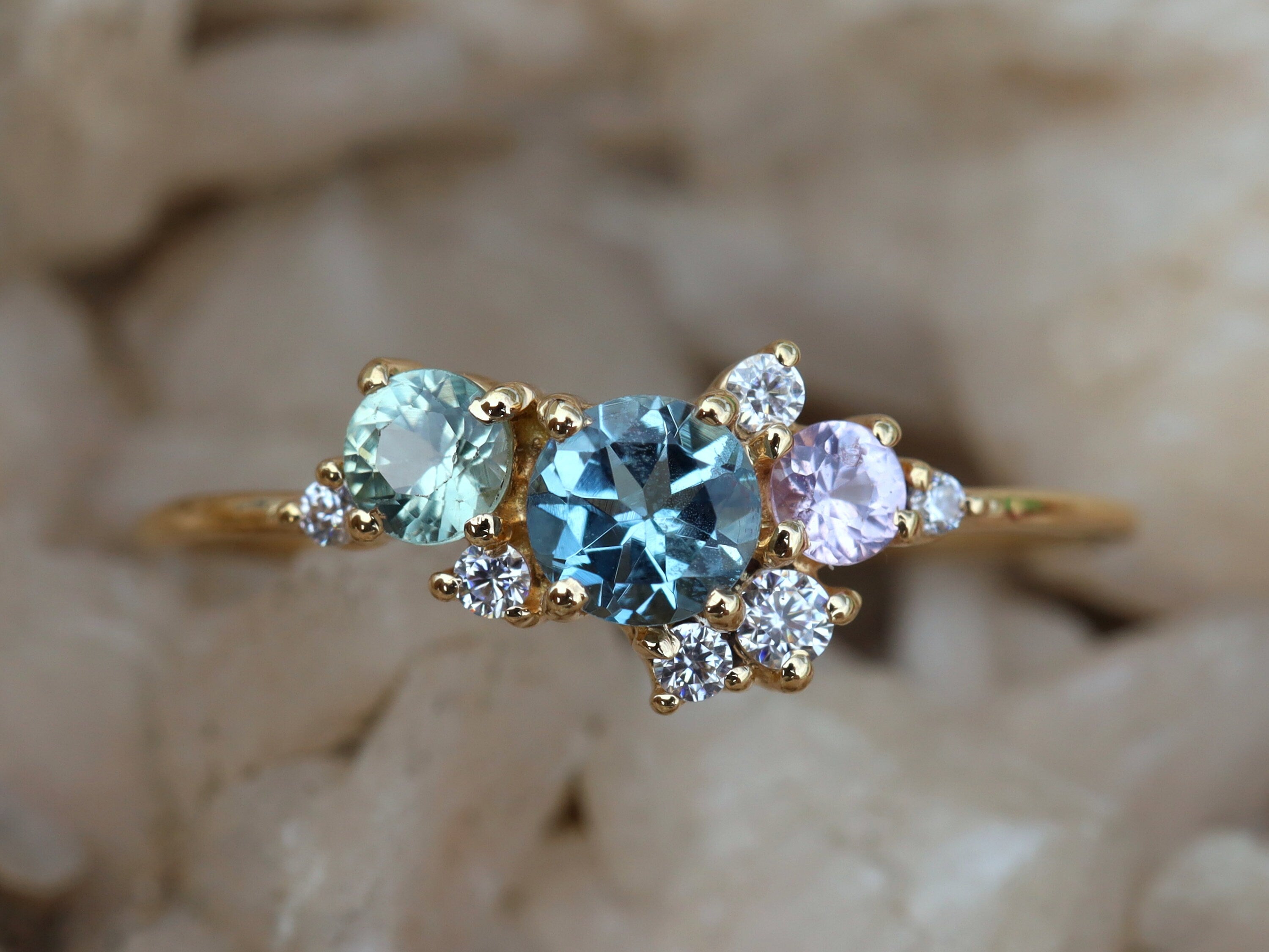 Aquamarine Cluster Engagement Ring | Sapphire and Diamond Cluster Ring | March Birthstone -